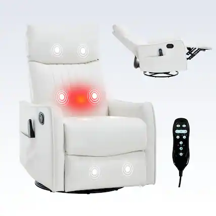 Front. LUCKY ONE - Faux Leather Manual Recliner Chair with 360° Swivel, Rocker, Massage and Lumbar Heat - White.