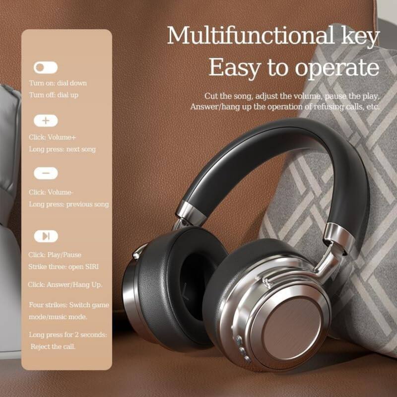 Multifunctional key  
Easy to operate  

Turn on: dial down  
Turn off: dial up  

Click: Volume+  
Long press: next song  

Click: Volume-  
Long press: previous song  

Click: Play/Pause  
Strike three: open SIRI  
Click: Answer/Hang Up  

Four strikes: Switch game mode/music mode.  
Long press for 2 seconds: Reject the call.