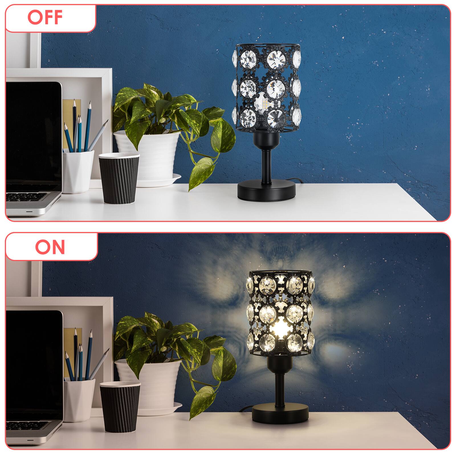 Back. Oumilen - Set of 2 Crystal Table Lamps, 10in Tall, Black Metal Base, E26 Socket, Bulbs Not Included.