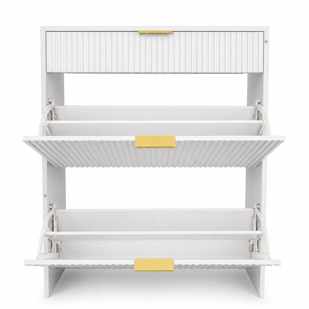 Angle. Loheer - Loheer Narrow Fluted Shoe Storage Cabinet, Freestanding MDF Organizer with Flip Drawers, 31.5 Inch W, White - White.