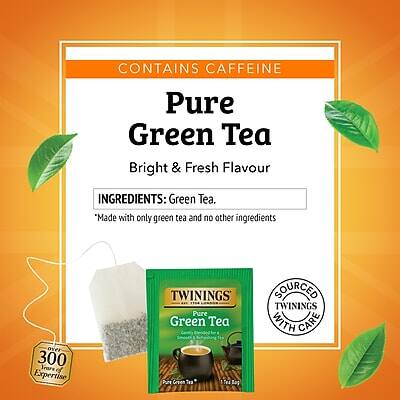 CONTAINS CAFFEINE

Pure Green Tea  
Bright & Fresh Flavour

INGREDIENTS: Green Tea.

*Made with only green tea and no other ingredients

TWININGS  
Green Tea  
Pure Green Tea  
Bright & Fresh Flavour

SOURCED WITH CARE

300 YEARS OF TEA EXPERIENCE