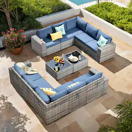 Ovios - 12 PCS Outdoor Patio Furniture Rattan Sectional Sofa with Coffee Table for Backyard - Denim Blue