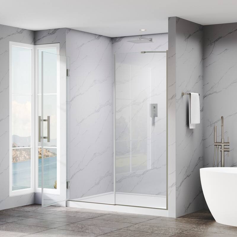 Back. WELLFOR - 57–58 in. W x 72 in. H Frameless Hinged Shower Door with 3/8" Clear Tempered Glass, Reversible Opening - Brushed Nickel.