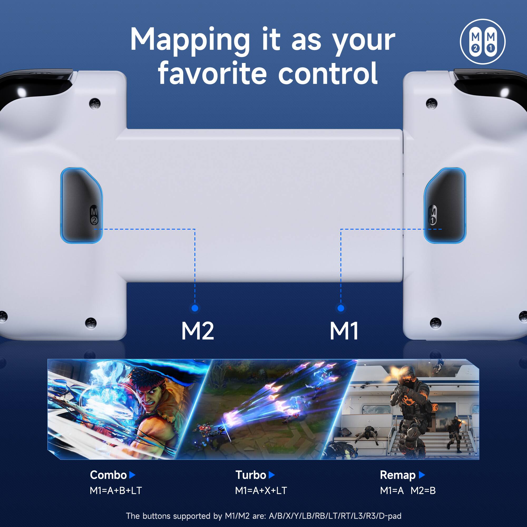 Mapping it as your favorite control

M2  
M1

Combo  
M1=A+B+LT

Turbo  
M1=A+X+LT

Remap  
M1=A M2=B

The buttons supported by M1/M2 are: A/B/X/Y/LB/RB/LT/RT/L3/R3/D-pad