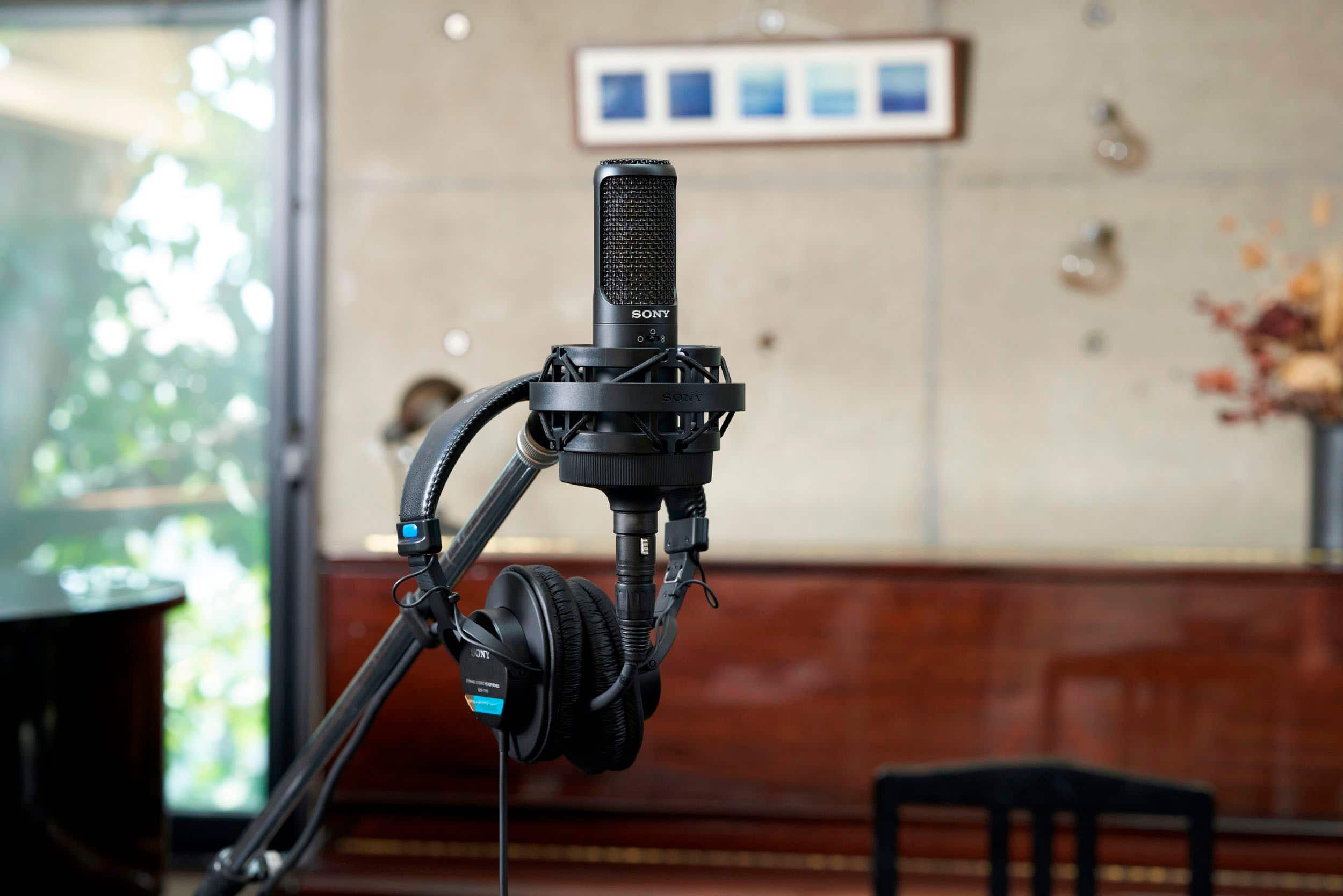 SONY SONY microphone on a stand in front of a window.