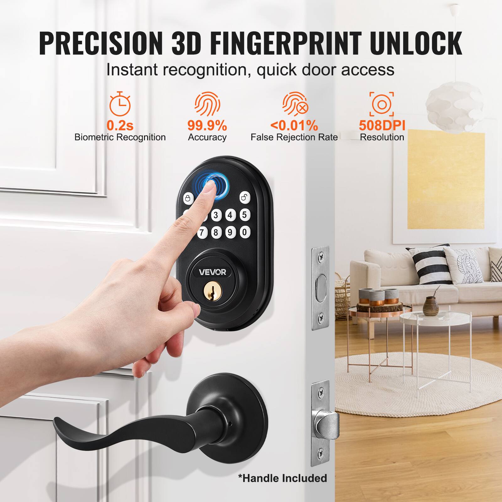 PRECISION 3D FINGERPRINT UNLOCK  
Instant recognition, quick door access  

- 0.2s Biometric Recognition  
- 99.9% Accuracy  
- <0.01% False Rejection Rate  
- 508DPI Resolution  

*Handle Included