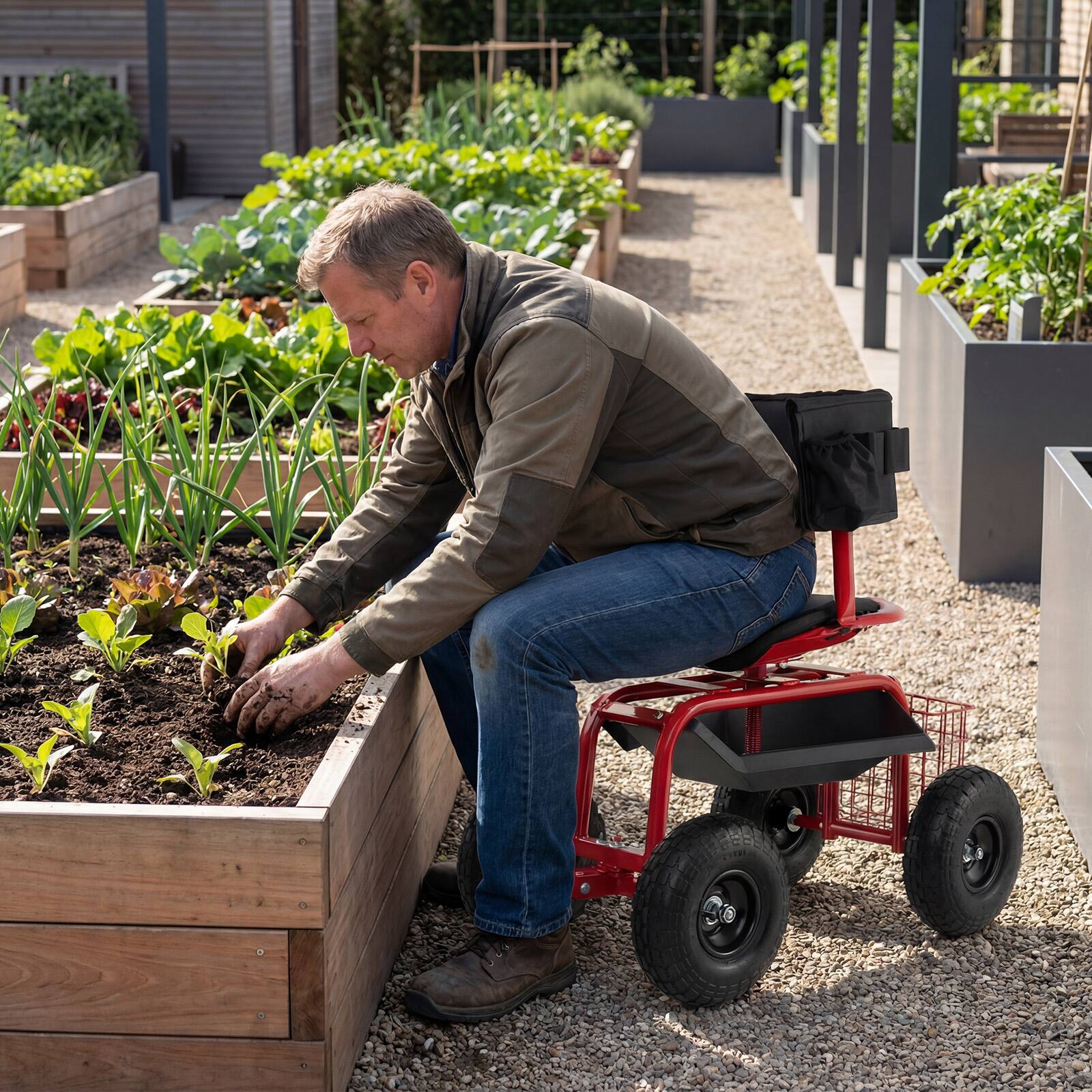 Alt View 3. Costway - Costway Rolling Garden Cart Height Adjustable Scooter with Swivel Seat & Tool Storage - Red.