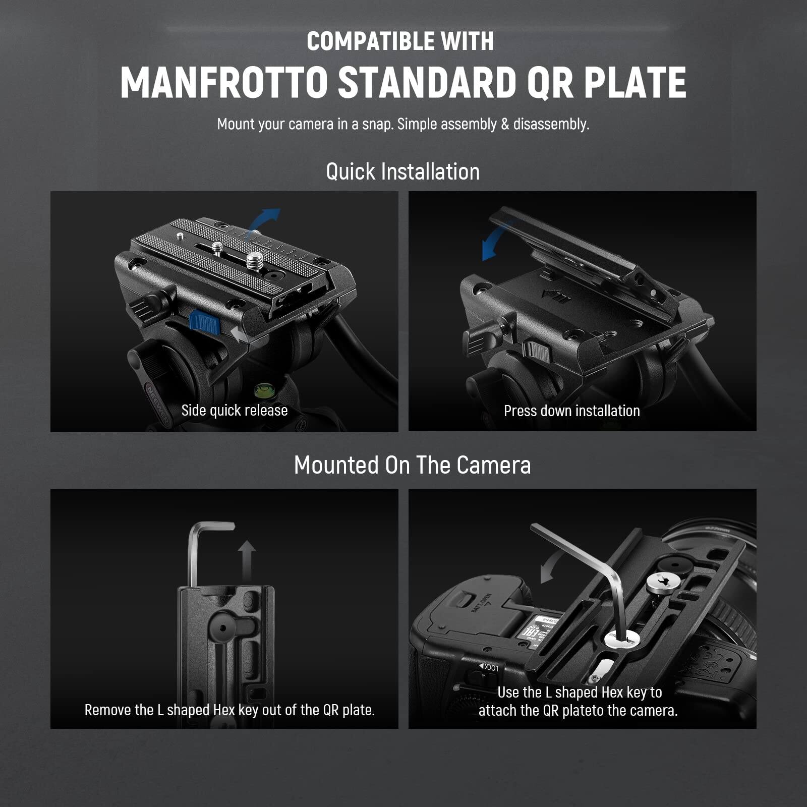 COMPATIBLE WITH MANFROTTO STANDARD QR PLATE

Mount your camera in a snap. Simple assembly & disassembly.

Quick Installation
- Side quick release
- Press down installation

Mounted On The Camera
- Remove the L shaped Hex key out of the QR plate.
- Use the L shaped Hex key to attach the QR plate to the camera.