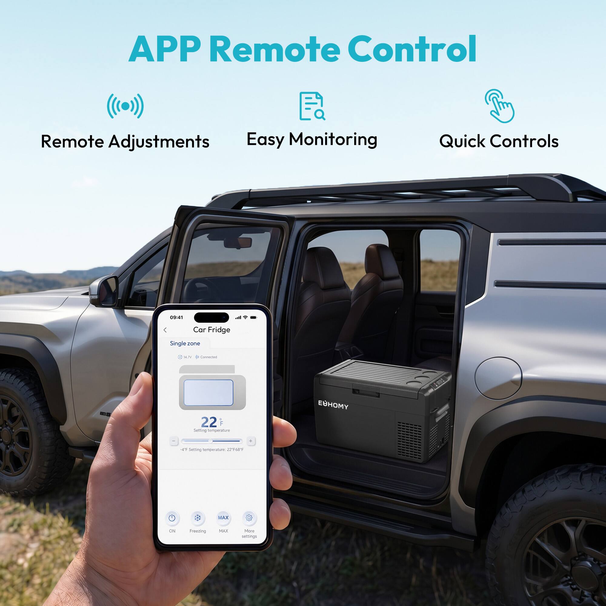 APP Remote Control  
Remote Adjustments  
Easy Monitoring  
Quick Controls  

09:41 - Car Fridge  
Single zone  
- 22  
- Setting temperature  
- EUHOMY  
- Setting temperature 22°F/7°F