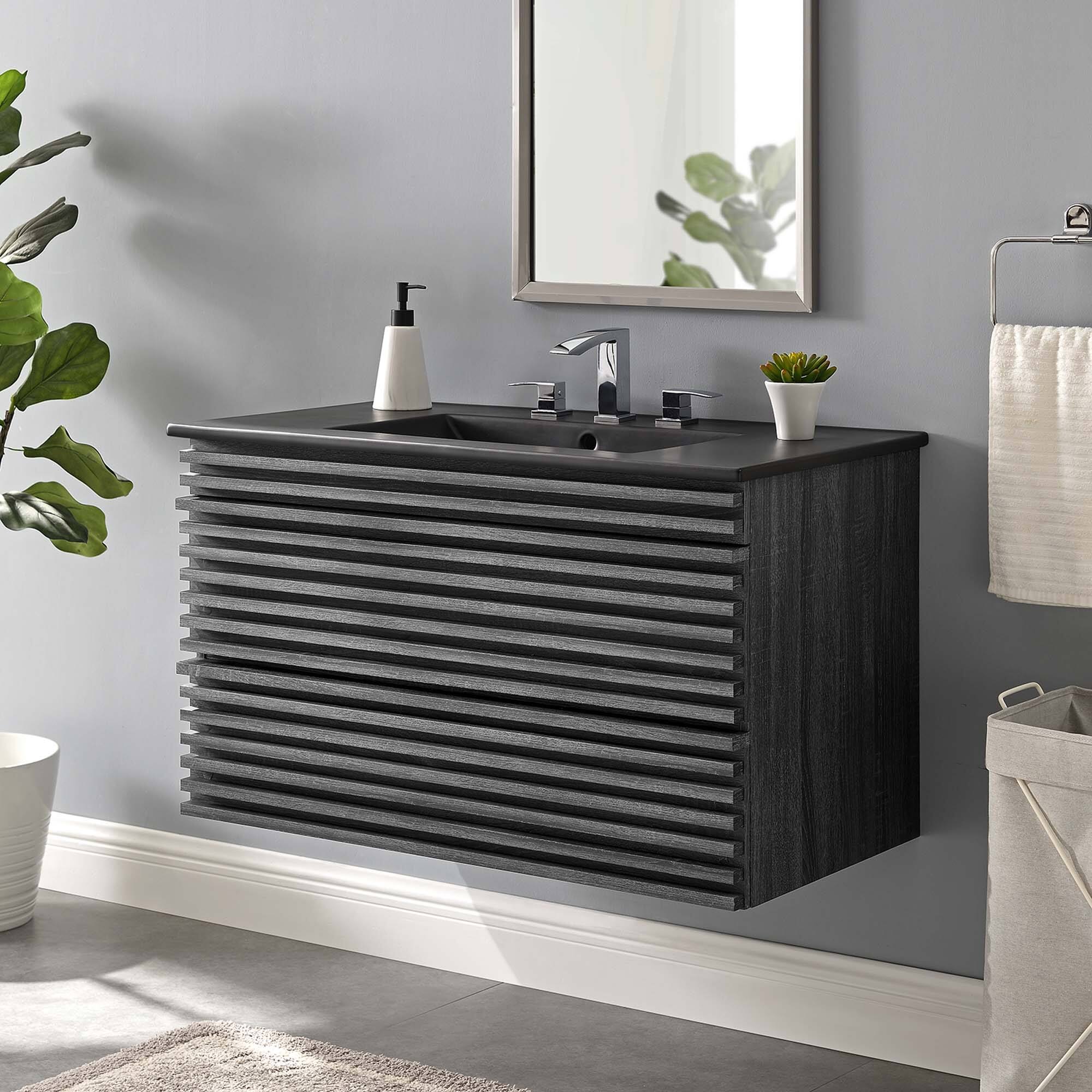 Back. Modway - Render Wall-Mount Bathroom Vanity with Black Basin Included - Charcoal Black.