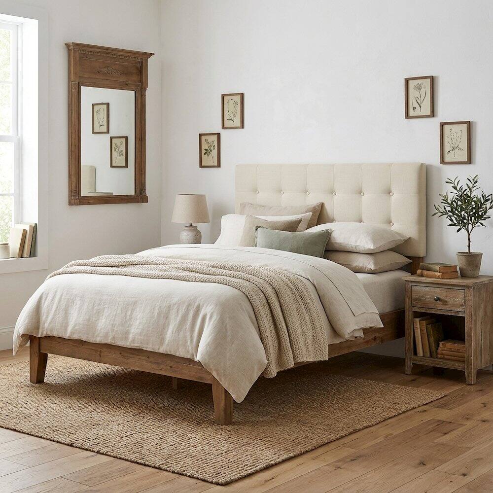 Angle. FurniFact - Upholstered Fabric Full Headboard in Neutral Tone with Durable Construction - Beige.