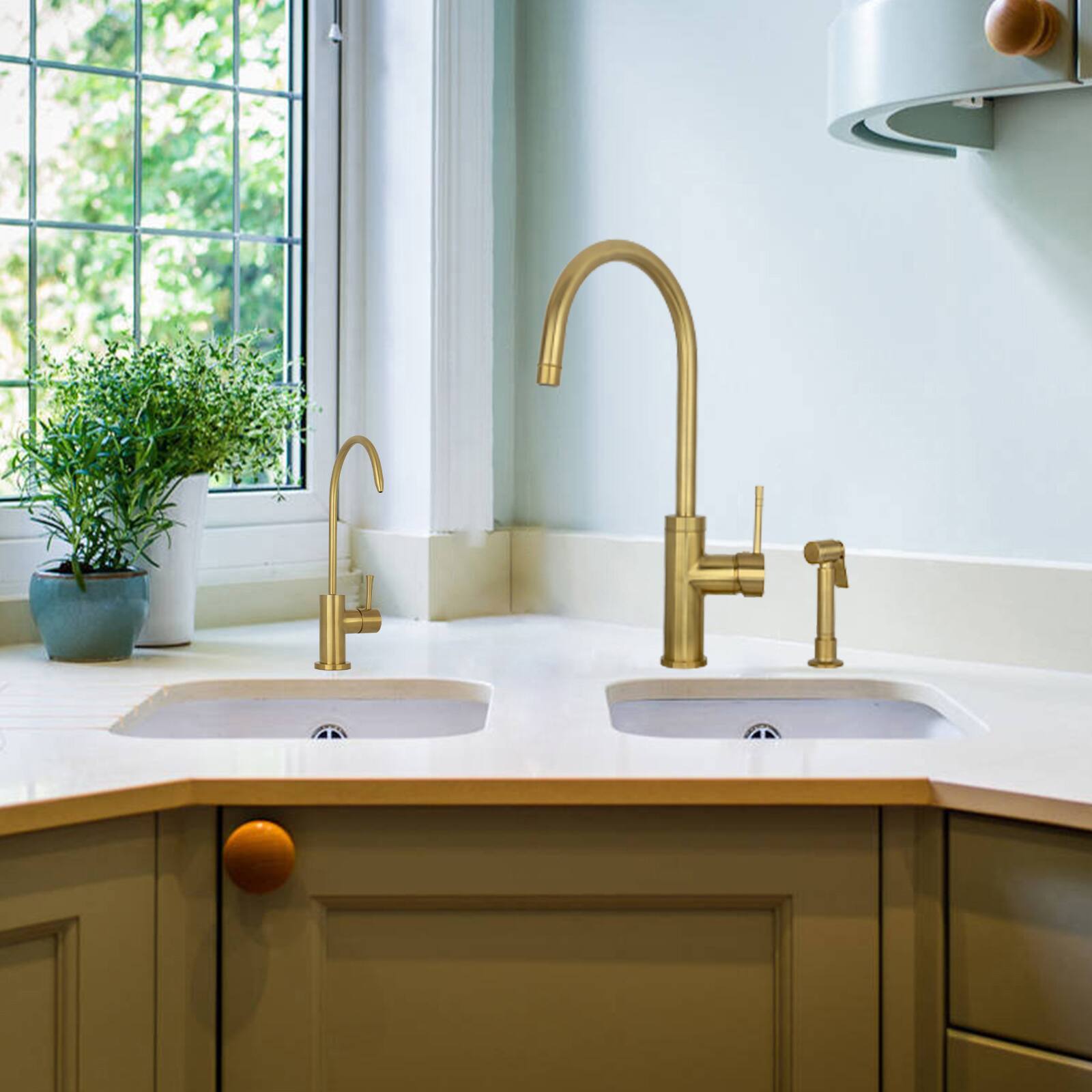 Alt View 4. Akicon - Akicon Solid Brass Single Handle 360° Swivel Widespread Kitchen Faucet with Side Sprayer in Brushed Gold - Brushed Gold.