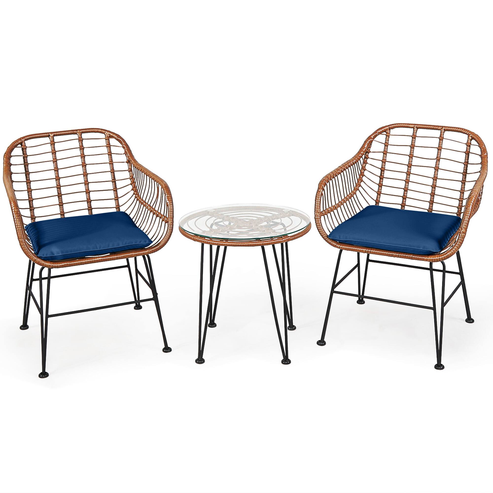 Alt View 1. Gymax - Gymax 3PCS Rattan Patio Conversation Set Bistro Chat Set w/ Navy Cushions - Navy.
