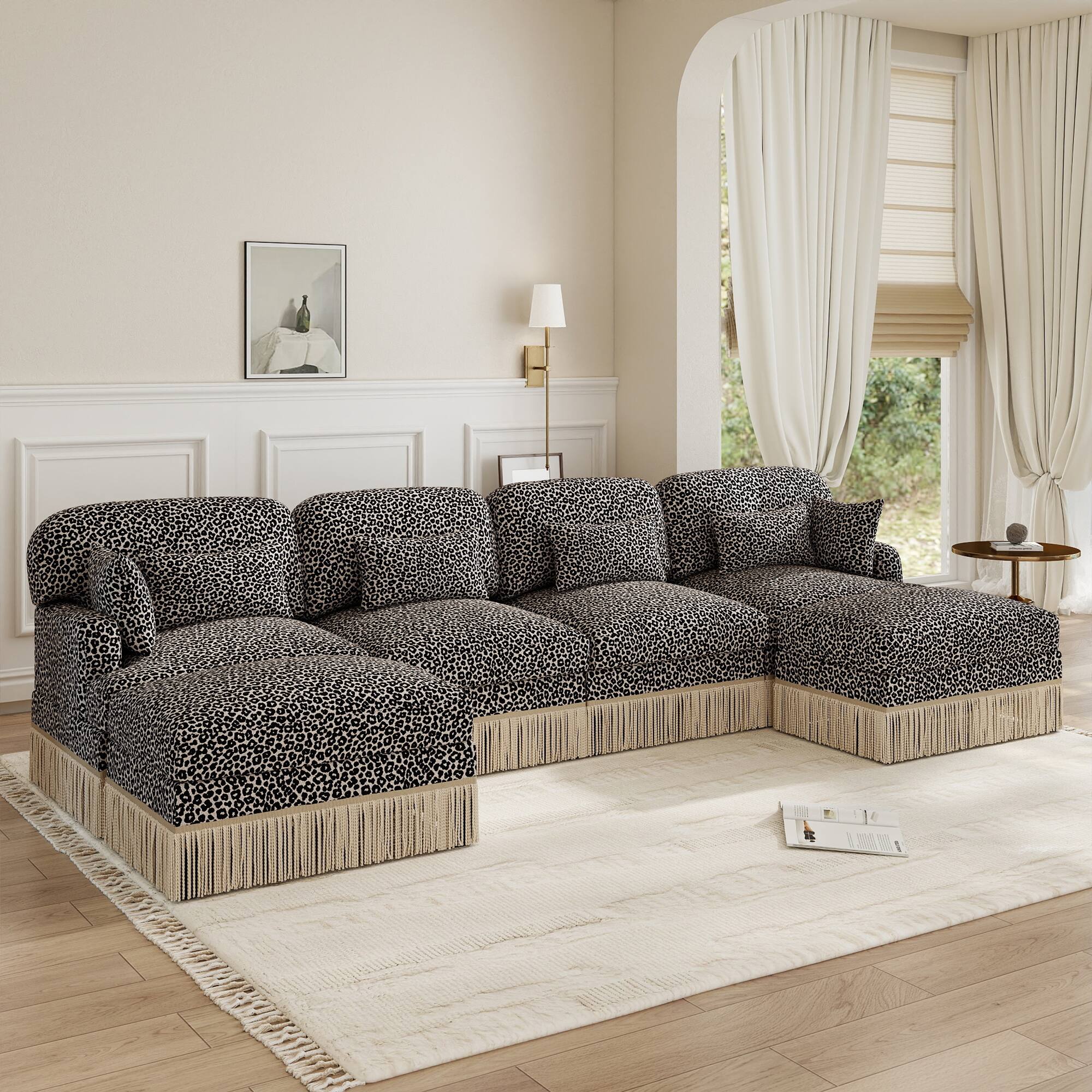Angle. Anysun - 131" Comfy Chenille Leopard Print U-Shaped Modern Fashion Sofa – Delicate Tassel Edge, Movable Ottomans, Easy Assembly - Khaki.