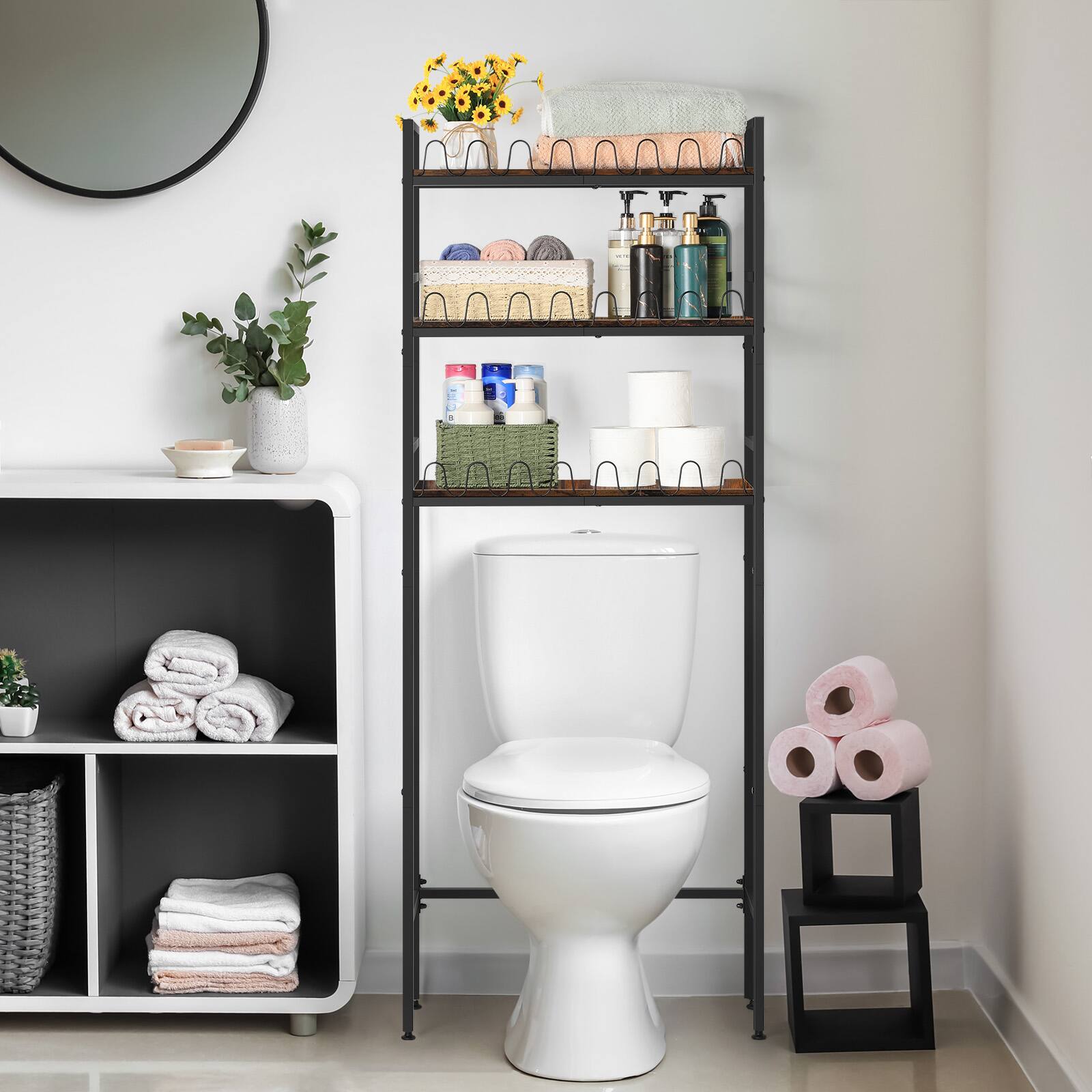 Alt View 2. Oumilen - 3-Tier Over-The-Toilet Storage Shelf, Metal Bathroom Organizer with Anti-Fall Fence and Adjustable Feet - Brown.