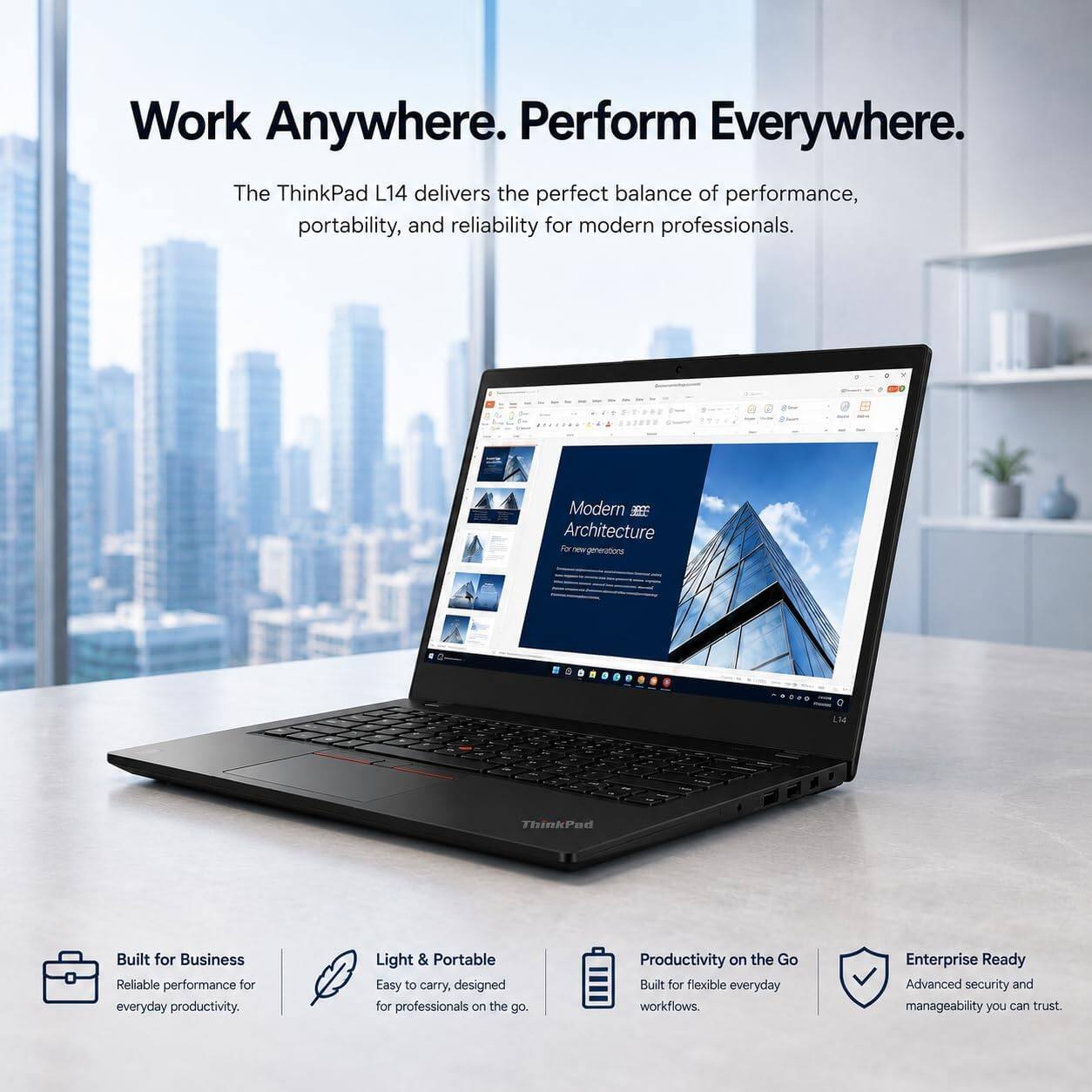 Work Anywhere. Perform Everywhere.  
The ThinkPad L14 delivers the perfect balance of performance, portability, and reliability for modern professionals.

Modern BREE Architecture  
For new generations

ThinkPad  
Built for Business  
Reliable performance for everyday productivity.  
Light & Portable  
Easy to carry, designed for professionals on the go.  
Productivity on the Go  
Built for flexible everyday workflows.  
Enterprise Ready  
Advanced security and manageability you can trust.