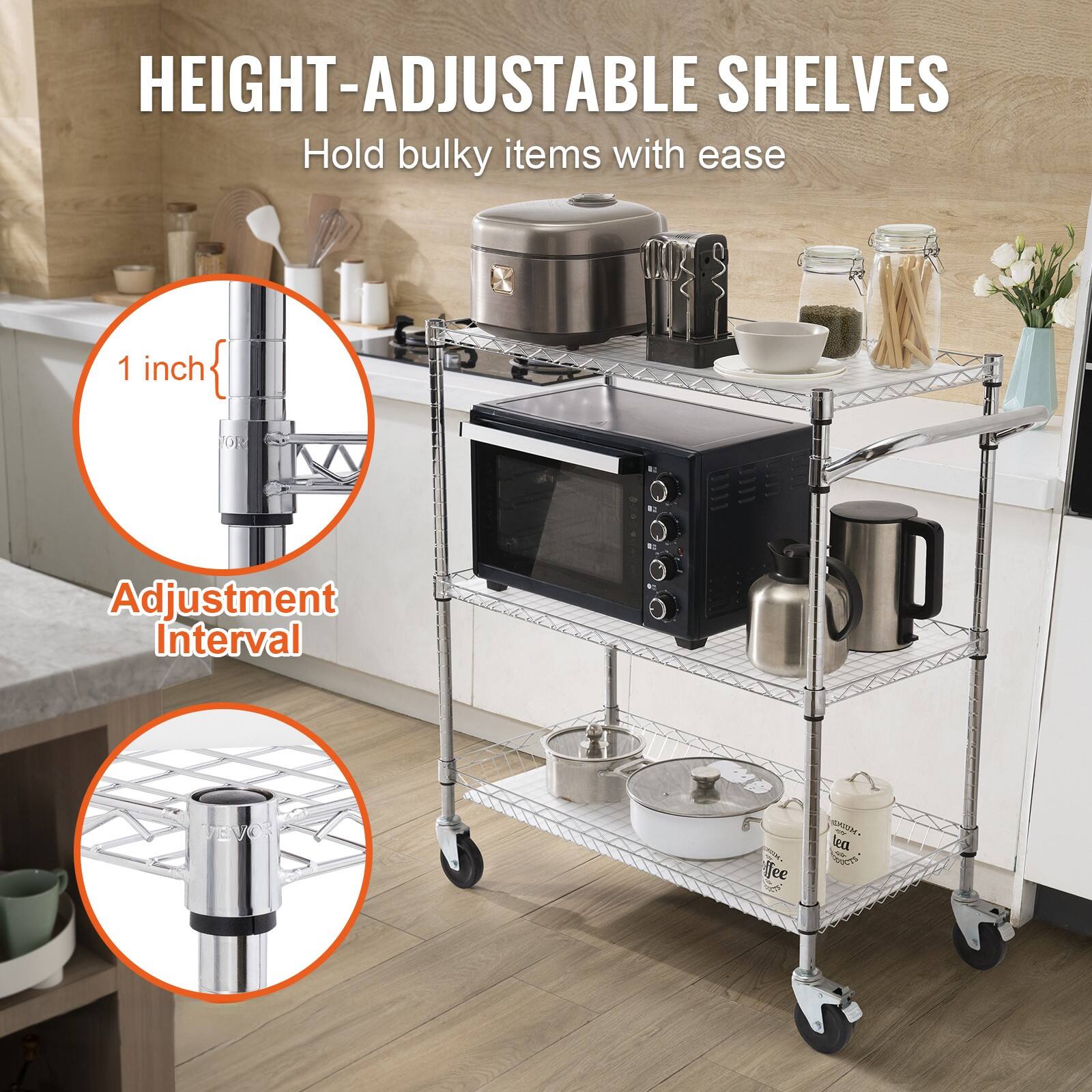 HEIGHT-ADJUSTABLE SHELVES Hold bulky items with ease 1 inch { Adjustment Interval