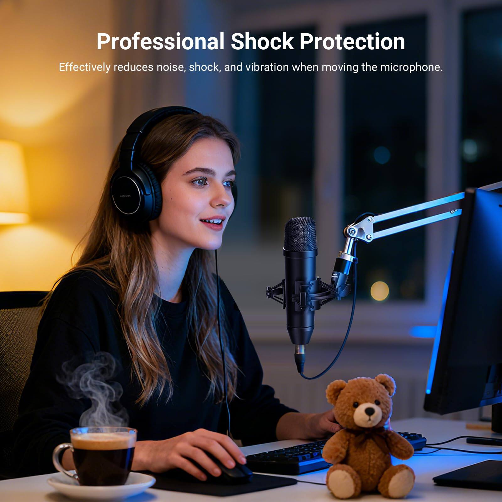 Professional Shock Protection  
Effectively reduces noise, shock, and vibration when moving the microphone.