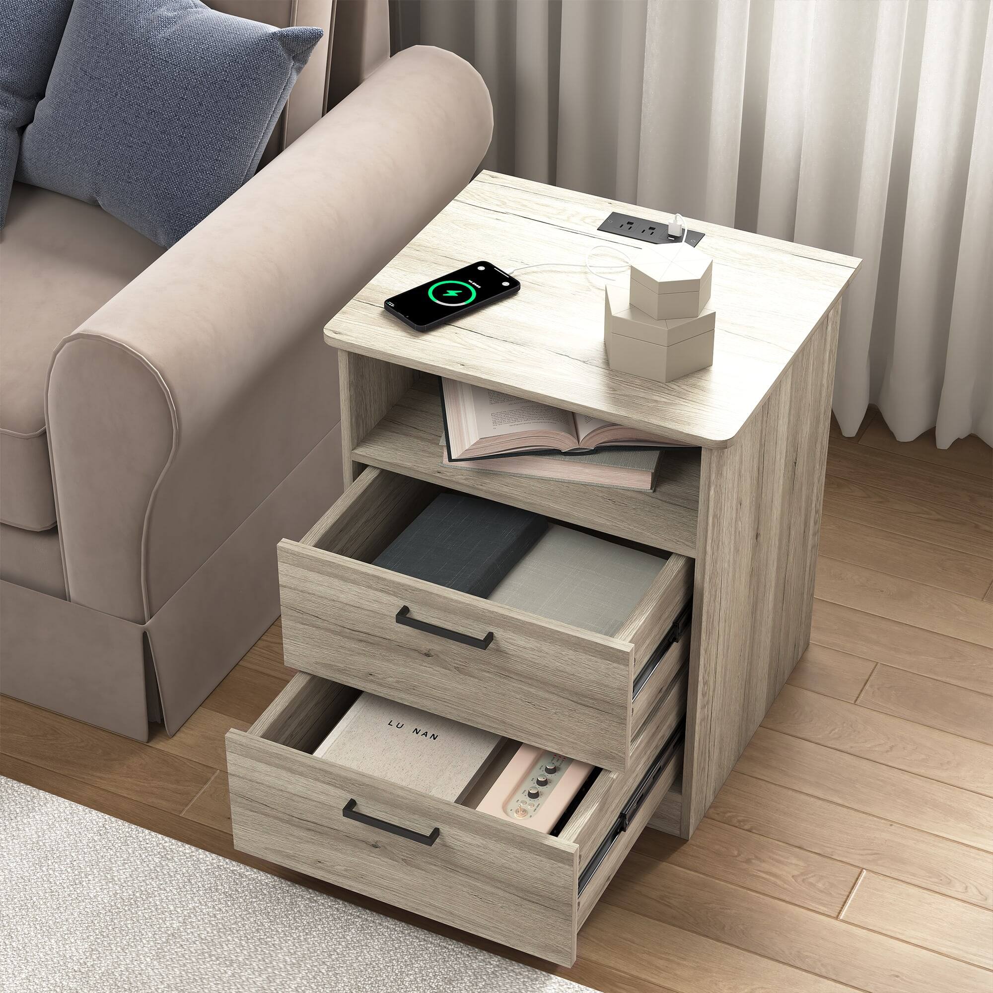 Angle. Kadyn - Kadyn Wood Nightstand With Charging Station, Bedside Table With 2 Drawers, Bedroom, Gray - Gray.