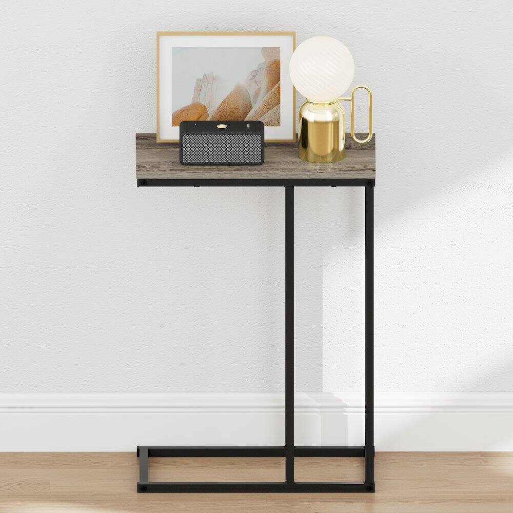 Back. Furinno - CAMNUS Night Stand, C-shape Nightstand, Metal Frame Side Table, End Table, Bedside Table - French Oak Grey.