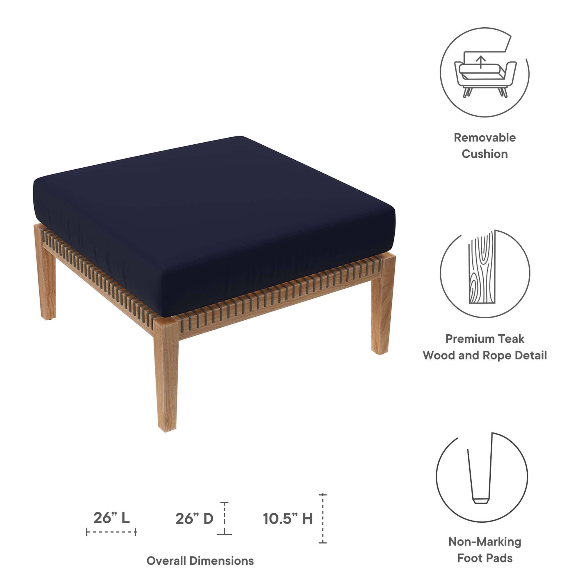 - Removable Cushion
- Premium Teak Wood and Rope Detail
- Overall Dimensions: 26" L x 26" D x 10.5" H
- Non-Marking Foot Pads