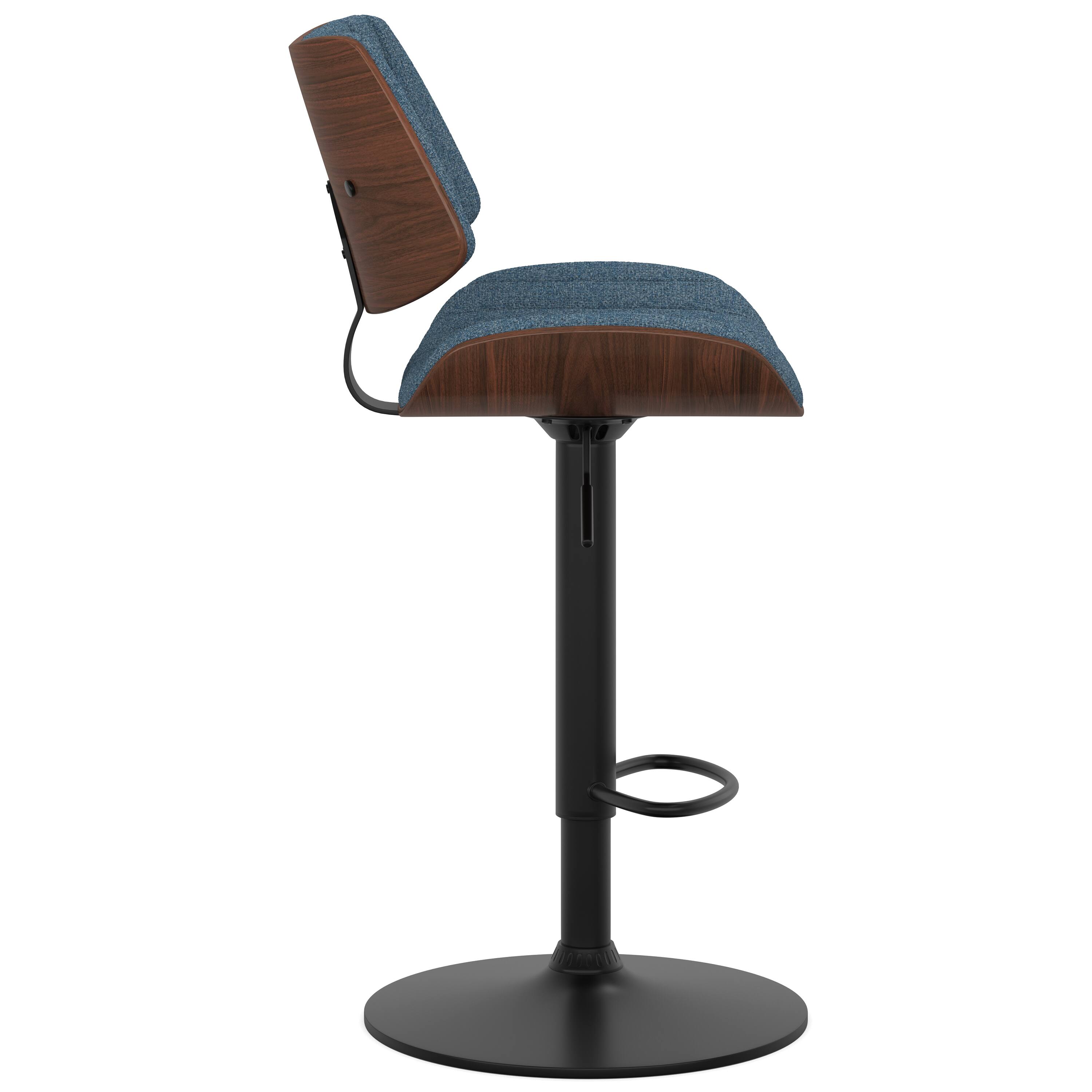 Back. Simpli Home - Novak Mid Century Modern 33 inch Adjustable Swivel Bar Stool in Denim Blue Woven Polyester Fabric - Denim Blue.