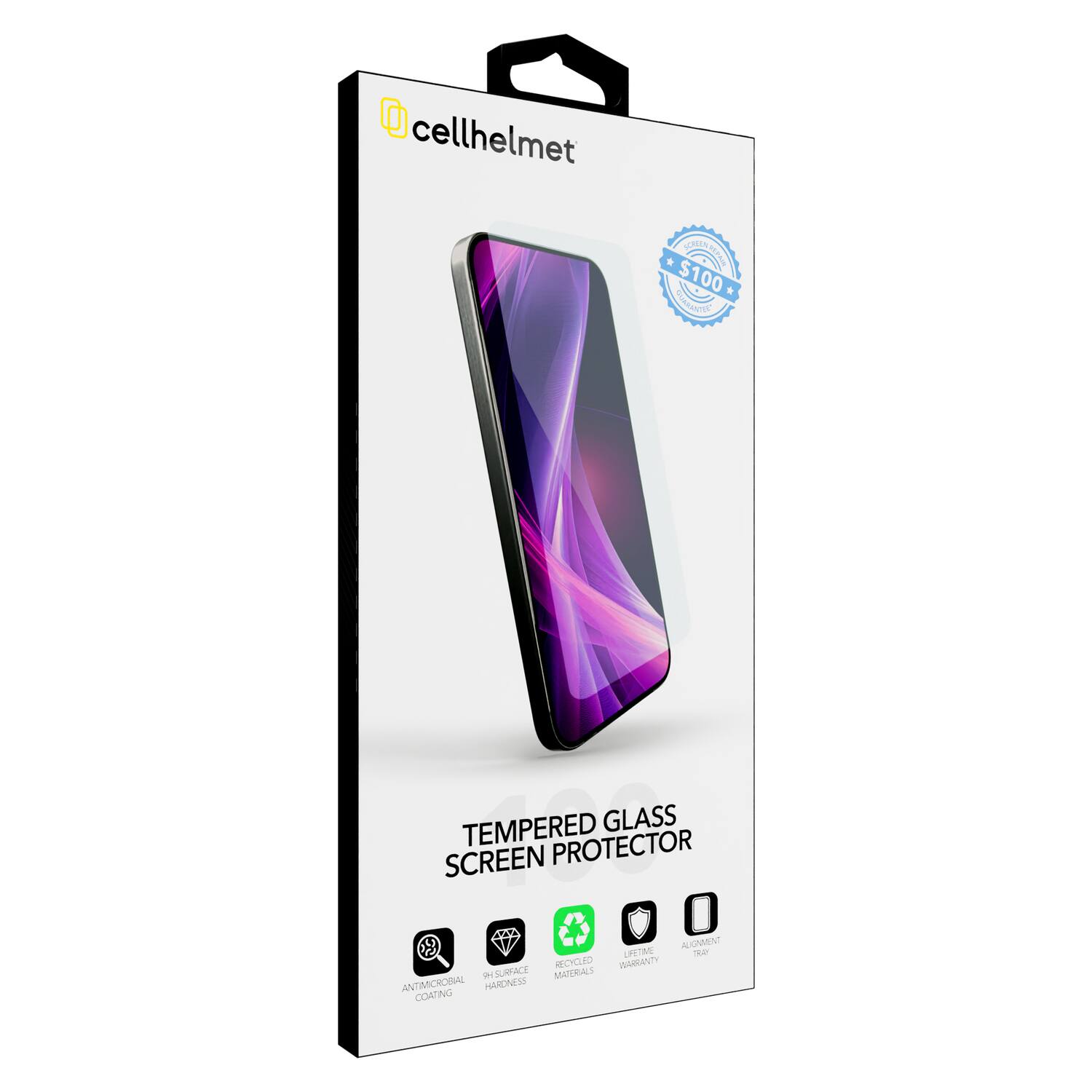cellhelmet  
CLO $100+  

TEMPERED GLASS SCREEN PROTECTOR  

- ANTICORROSION COATING  
- SURFACE HARDNESS  
- RECYCLED MATERIALS  
- LIFETIME WARRANTY  
- ALIGNMENT TOOL