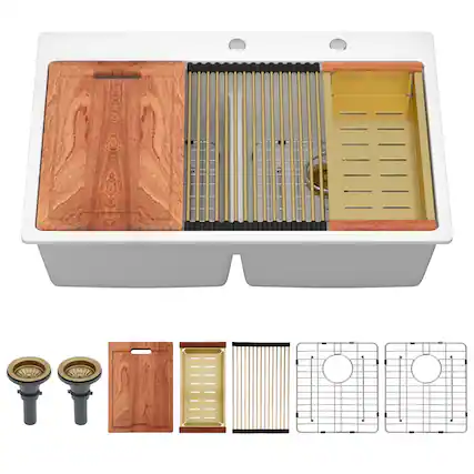 Front. Lordear - 33x22x10 Inch White Granite Composite Workstation kitchen Sink Low Divide 50/50 Double Bowl Quartz Drop In Kitchen Sink - White.