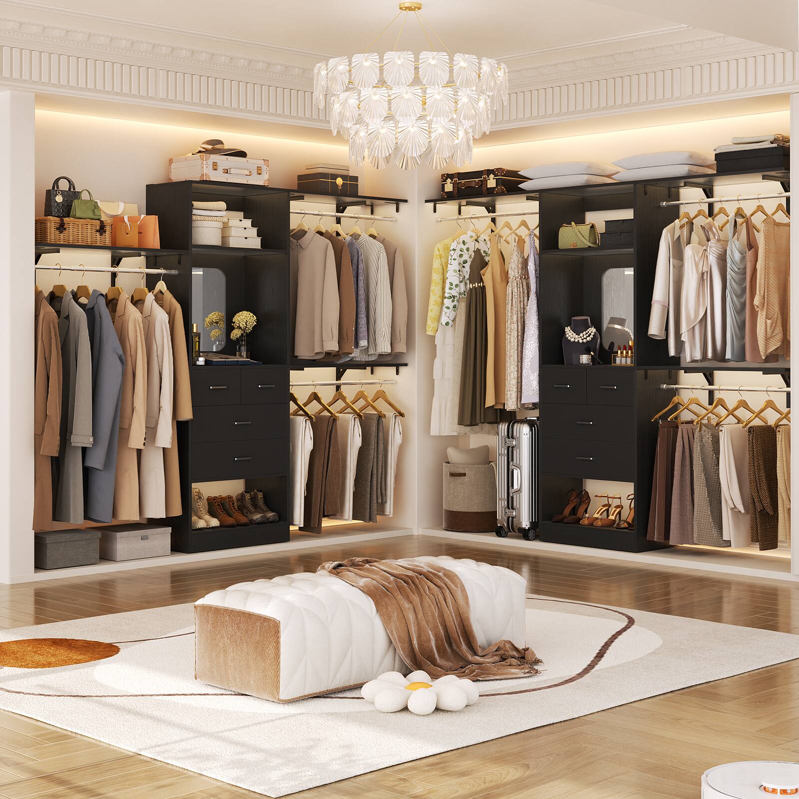 Left. Aheaplus - 96" Wood Closet Organizer with 4 Drawers, Hanging Rods & Mirror - Sturdy Walk-in Closet, Cut-to-Fit (96"W x16"D x80"H) - Black.
