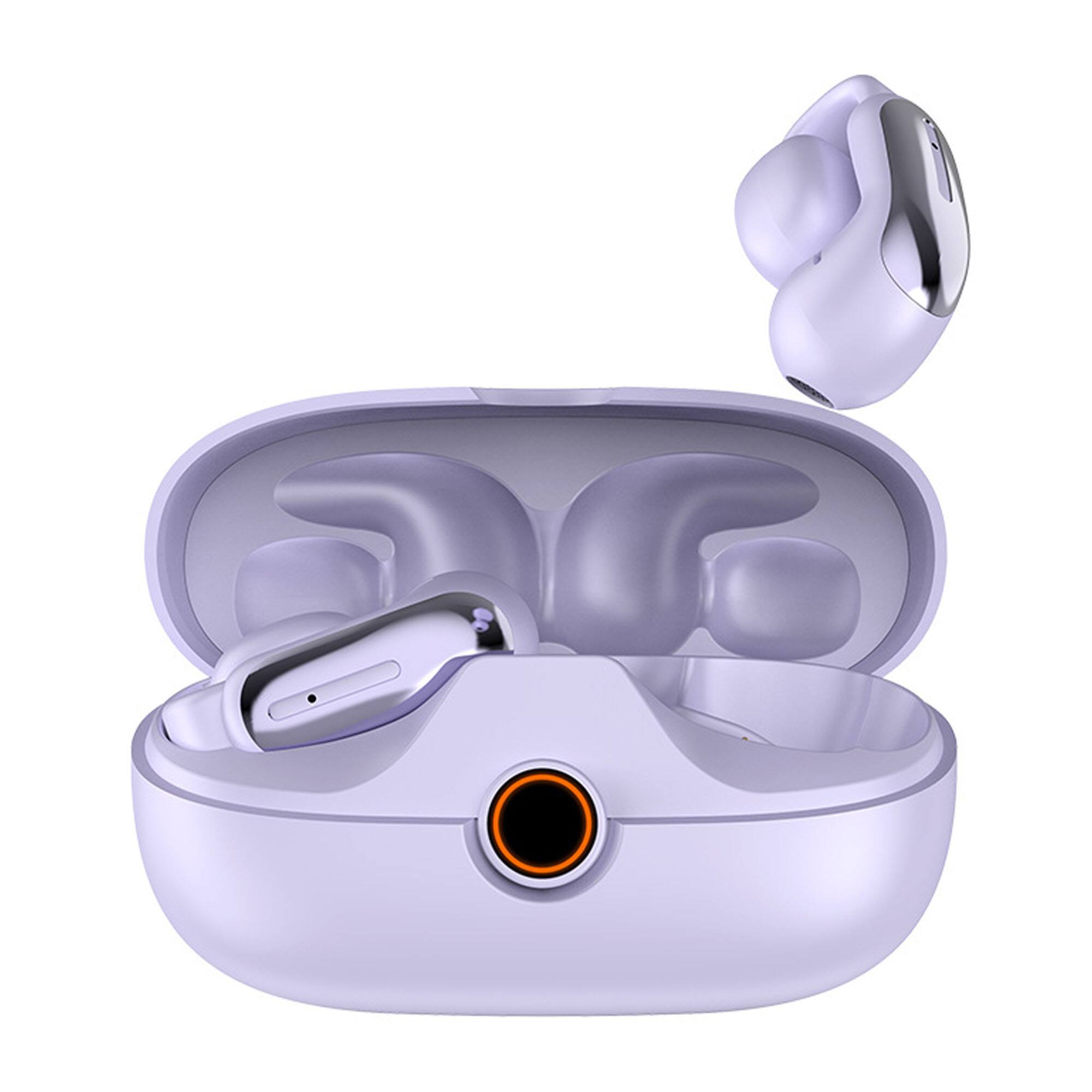 Front. YONWAY - Fashion Clip Ear Wireless Bluetooth Headphones, Lightweight Noise Cancellation Earbud with Long Battery Life for Running - Purple.
