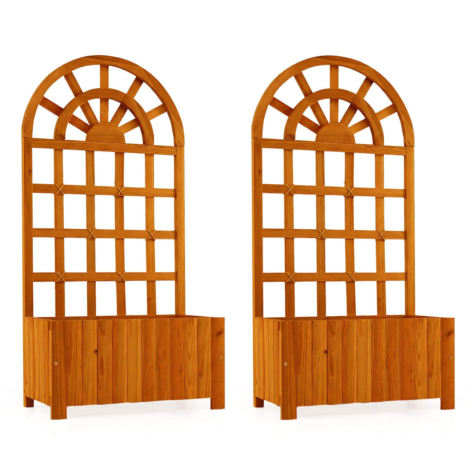 Costway - 2 PCS 48" Wooden Raised Garden Bed with Trellis, Drainage Holes for Vegetables - Brown