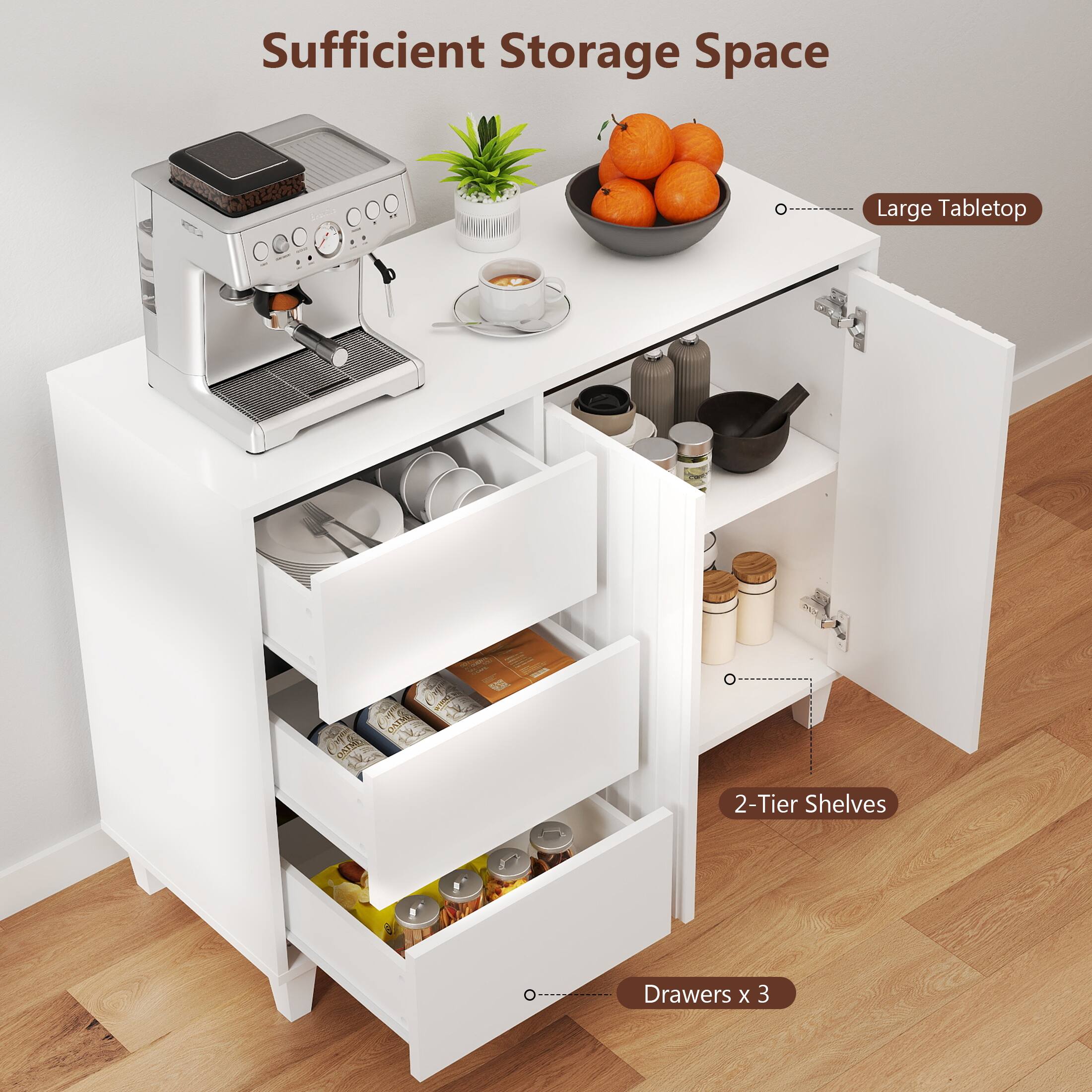 Sufficient Storage Space, Large Tabletop, 2-Tier Shelves, Drawers x 3