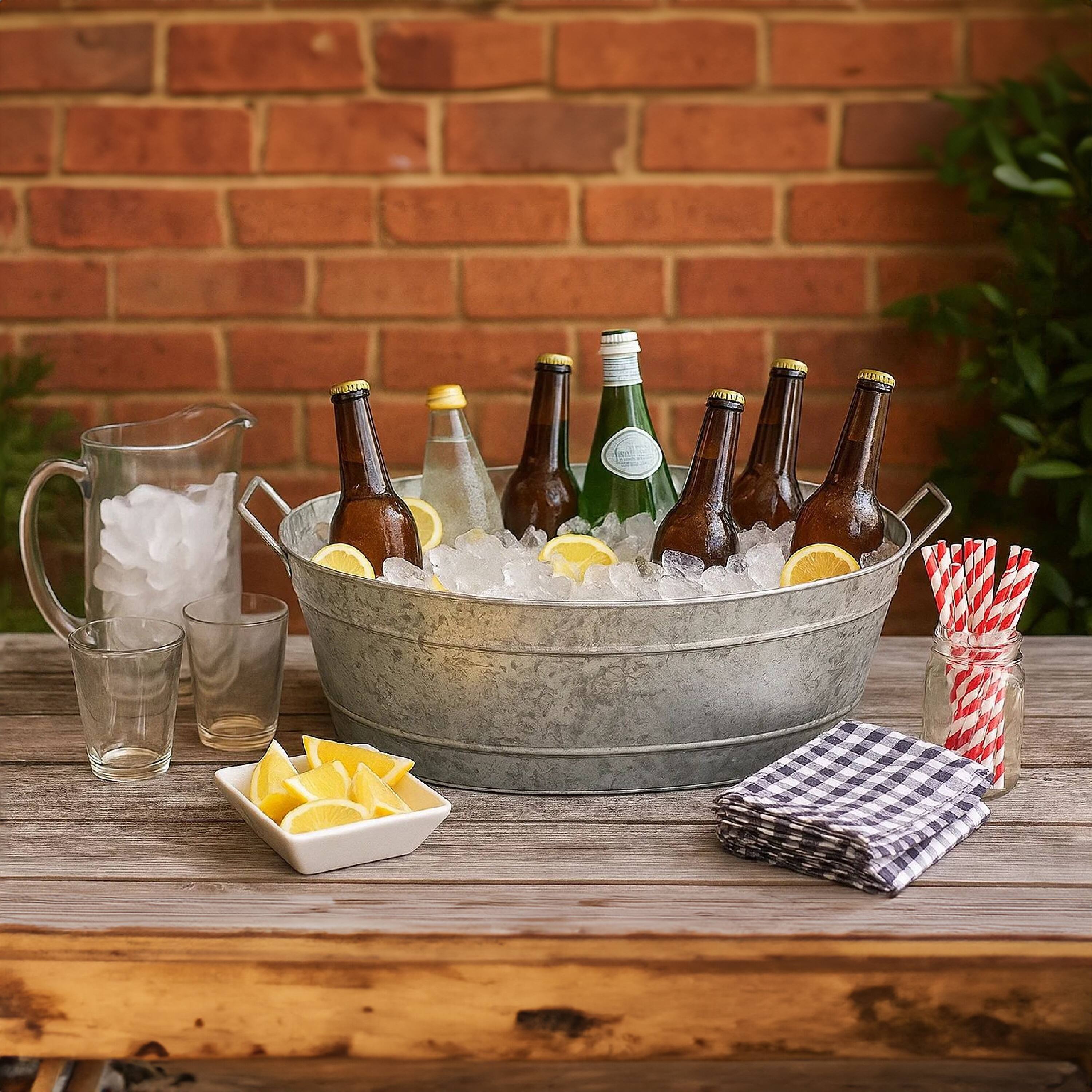 Alt View 7. Manhattan Lane - Thea Embossed Design Oval Shape Galvanized Steel Tub with Side Handles, Large - Silver.