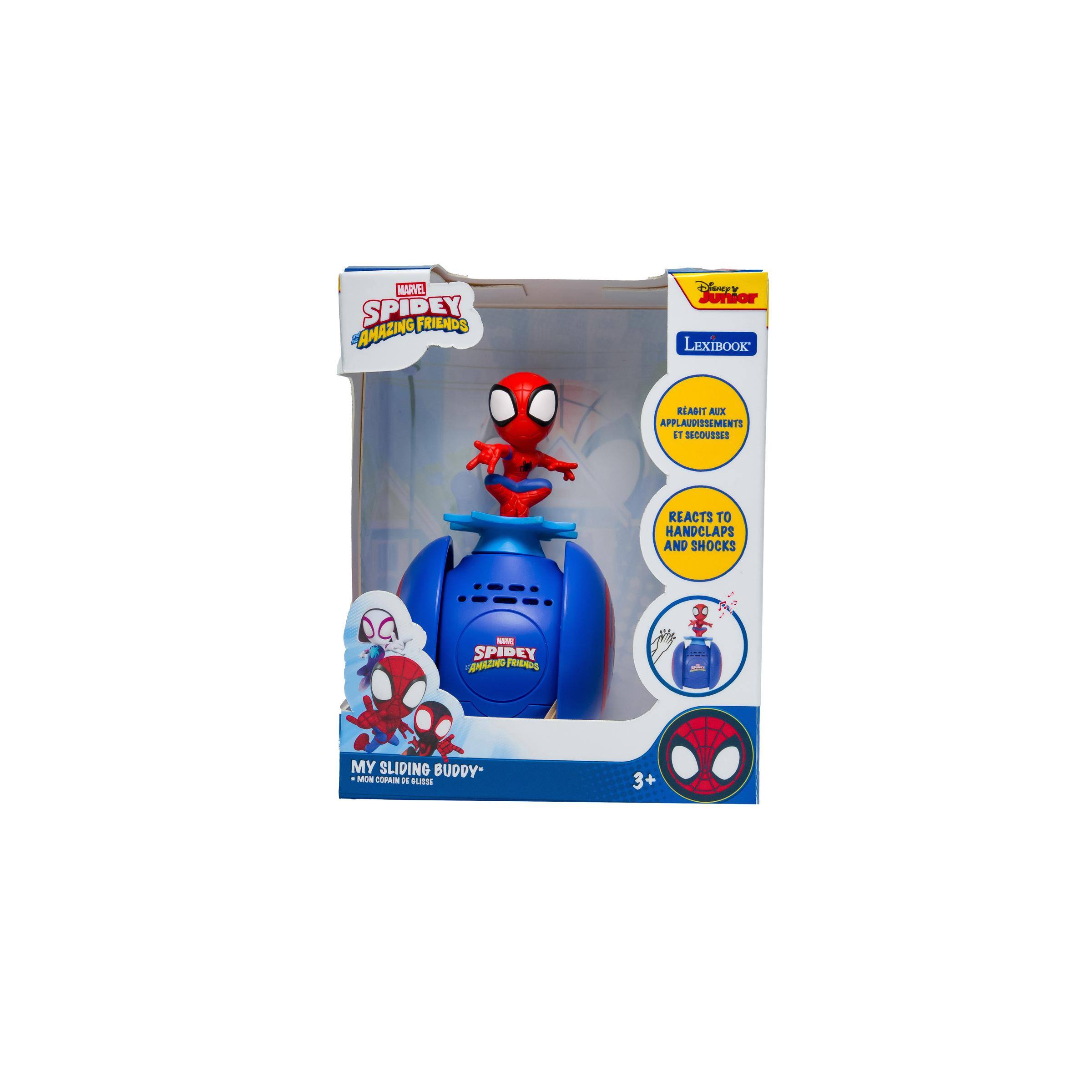 MARVEL SPIDEY AMAZING FRIENDS  
Disney Junior  
LEXIBOOK  
REACTS TO HANDCLAPS AND SHOCKS  
SPIDEY ANLZN E MY SLIDING BUDDY*  
3+