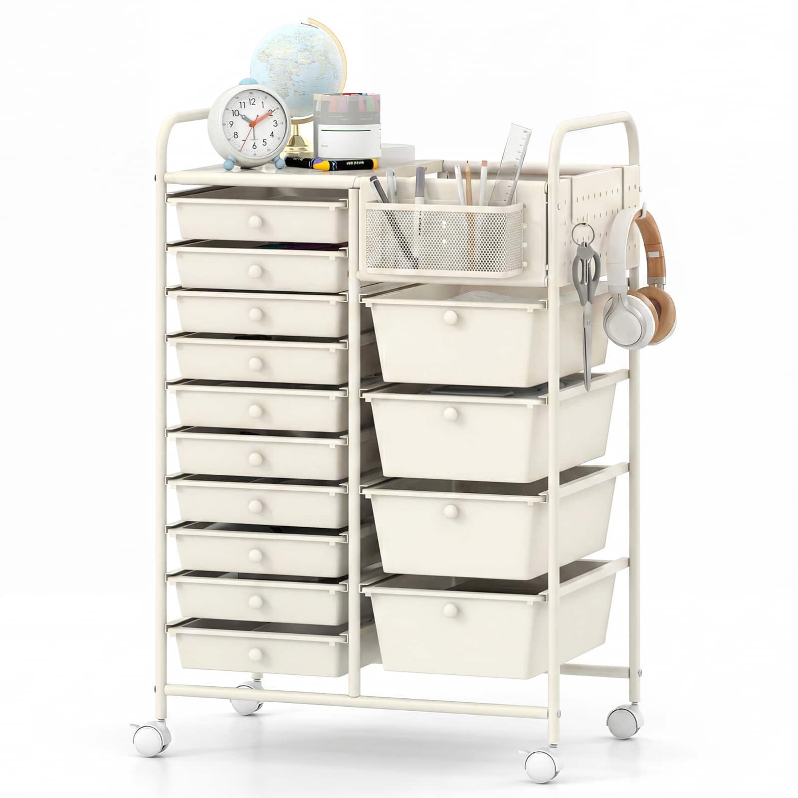 Costway - 14-Drawer Art & Craft Storage Carts with Pegboard, 2 Locking Brakes, Metal Frame for Home - White