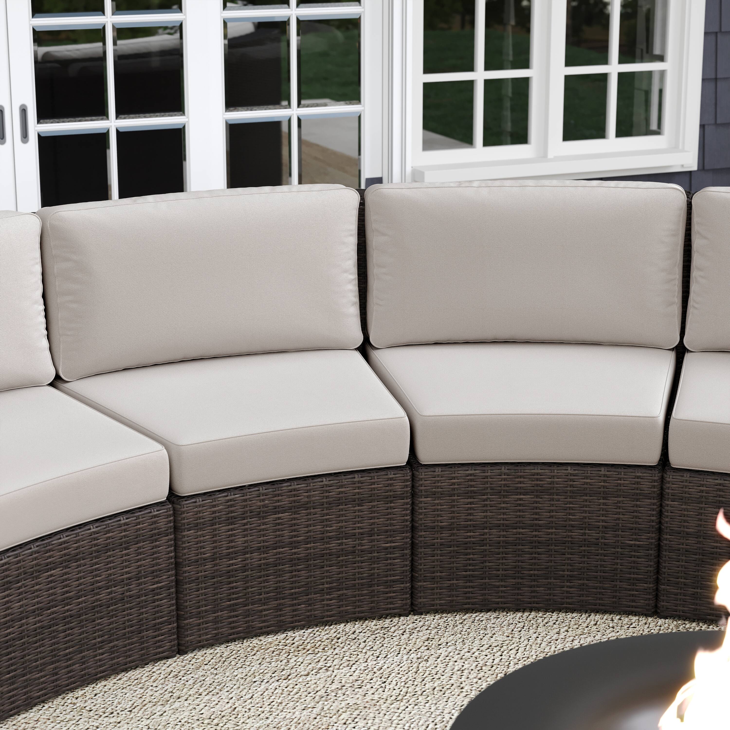 Alt View 1. Martha Stewart - Bedford 2PK Outdoor Modular Rattan Wicker Patio Curved Sectional Sofa Seats - Tan Cushions/Brown Frame.