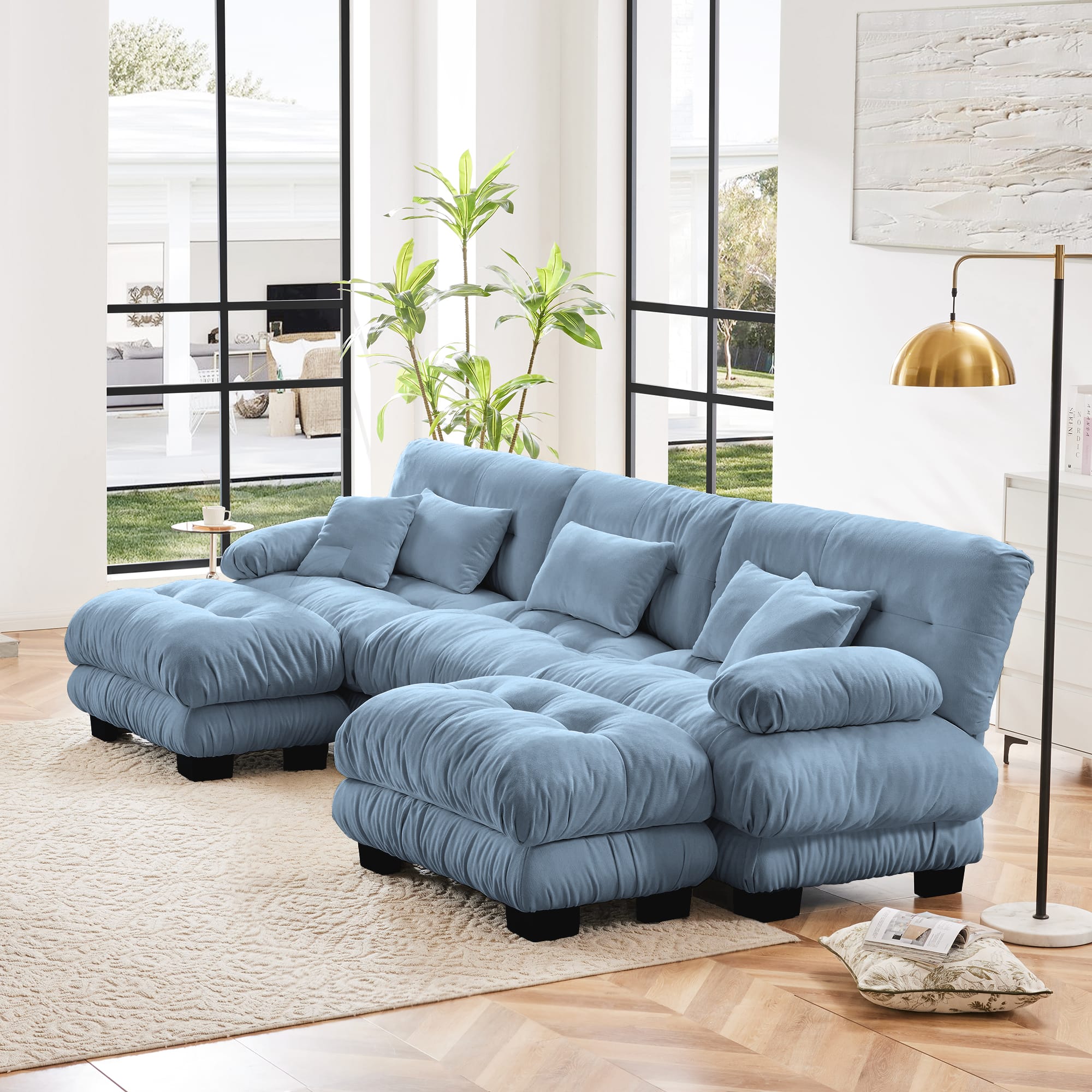 Aukfa - Luxury Modular Sectional Sofa - U-Shaped Cloud Couch with 2 Ottomans, Deep Seat Chenille for Living Room - Blue