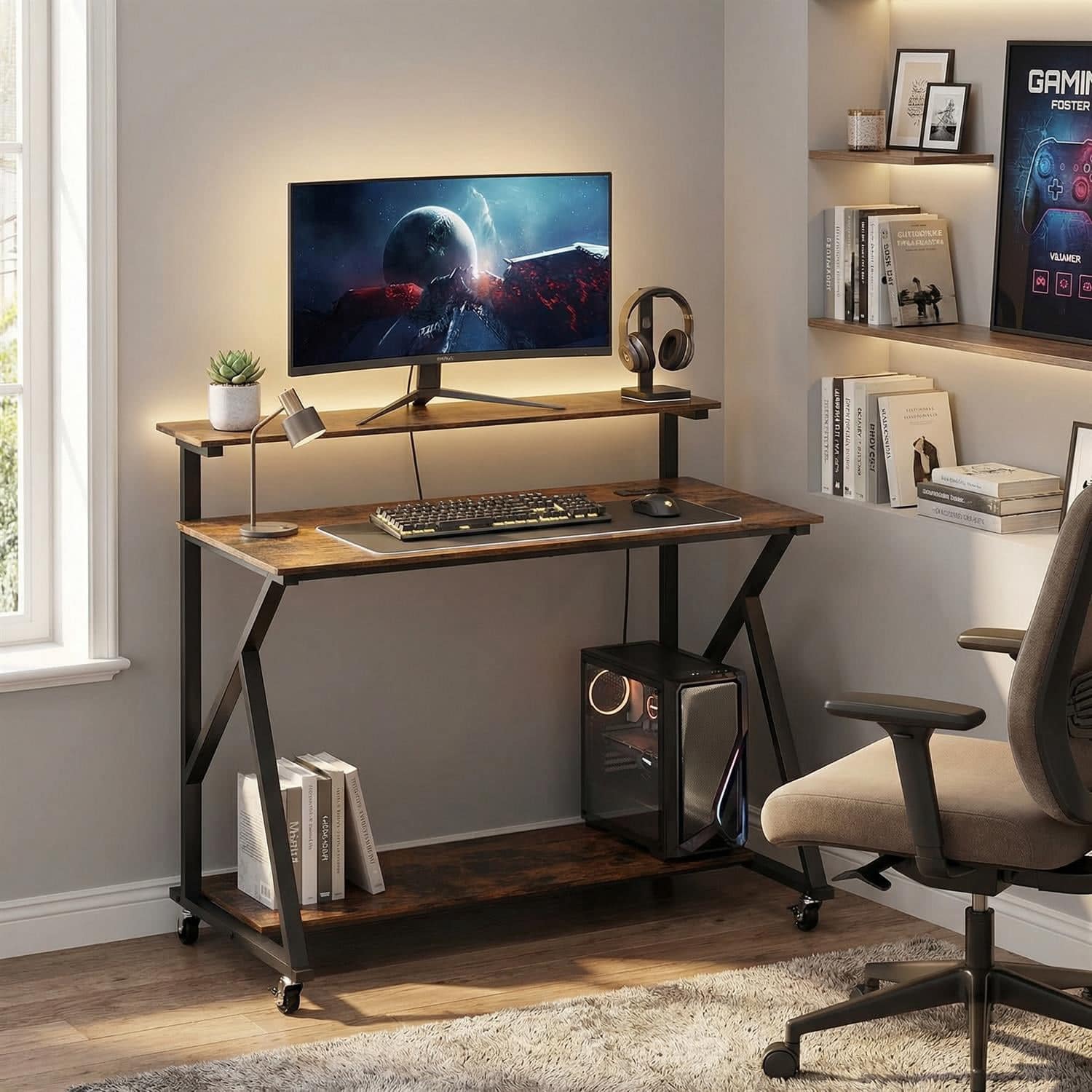 Pefilos - Rolling Computer Desk with Charging Station & Monitor Shelf, Mobile Home Office Workstation with Storage for Small Space - Rustic Brown