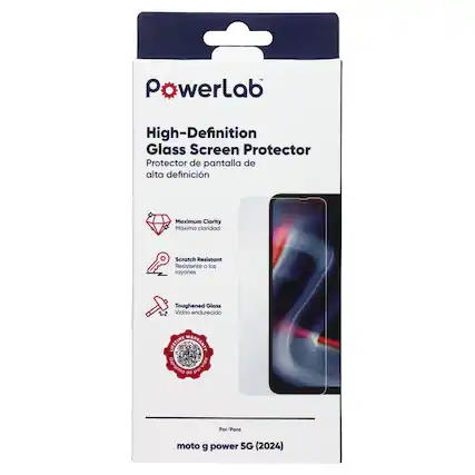 PowerLab High-Definition Glass Screen Protector
Protector de pantalla de alta definición
Maximum Clarity Máxima claridad
Scratch Resistant Resistente a los rayones
Toughened Glass Vidrio endurecido
LIFETIME WARRANTY Garantía de por vida
For/Para moto g power 5G (2024)