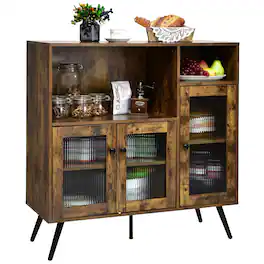 Costway - Buffet Sideboard Kitchen Storage Cupboard w/ Glass Door & Adjustable Shelves - Rustic Brown