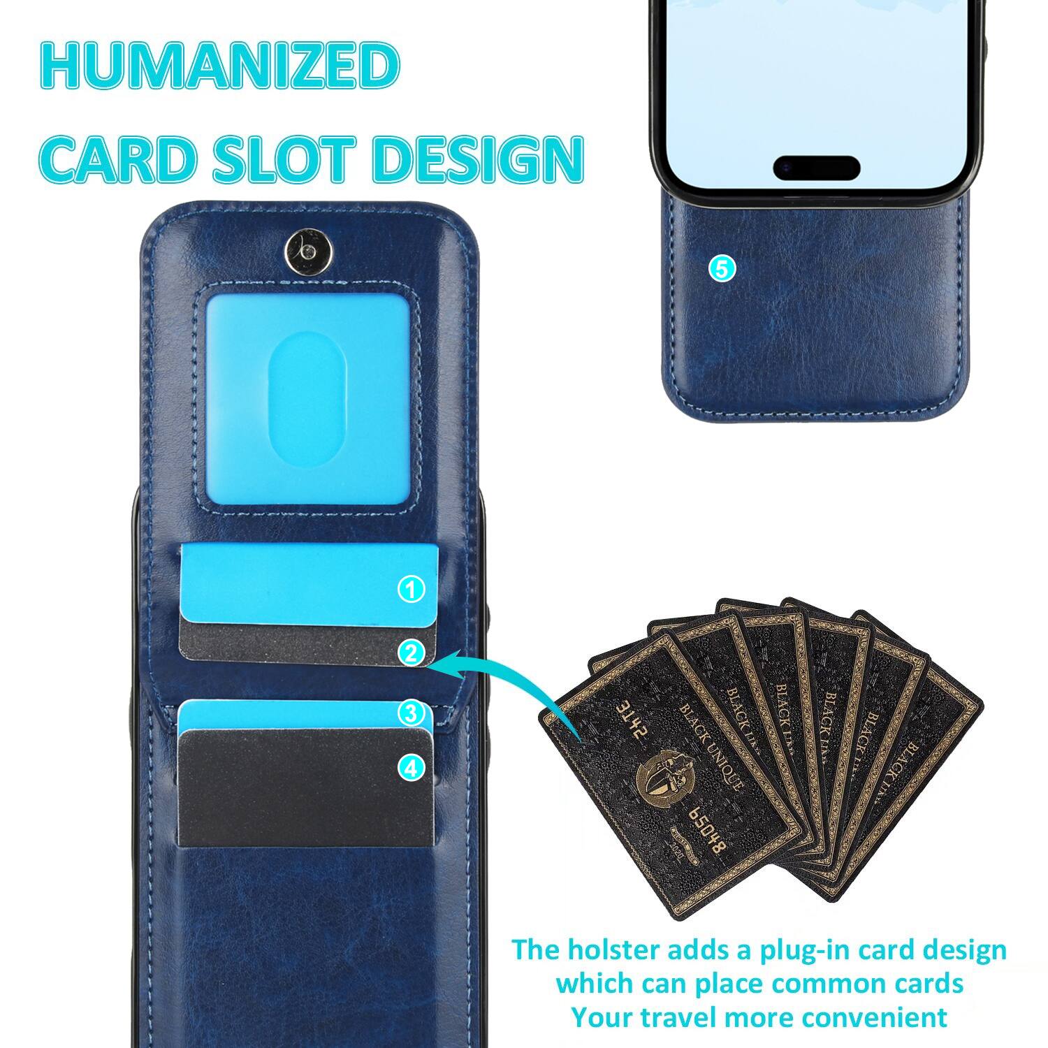 HUMANIZED CARD SLOT DESIGN

The holster adds a plug-in card design which can place common cards. Your travel more convenient