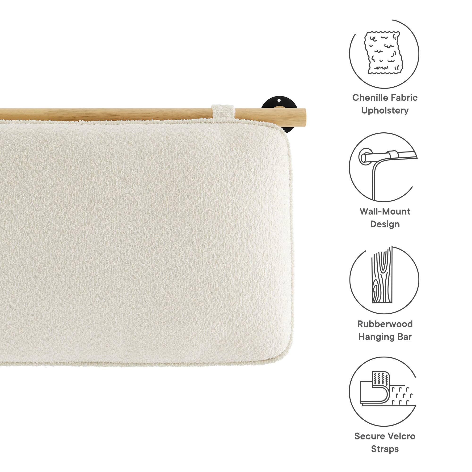 - Chenille Fabric Upholstery
- Wall-Mount Design
- Rubberwood Hanging Bar
- Secure Velcro Straps