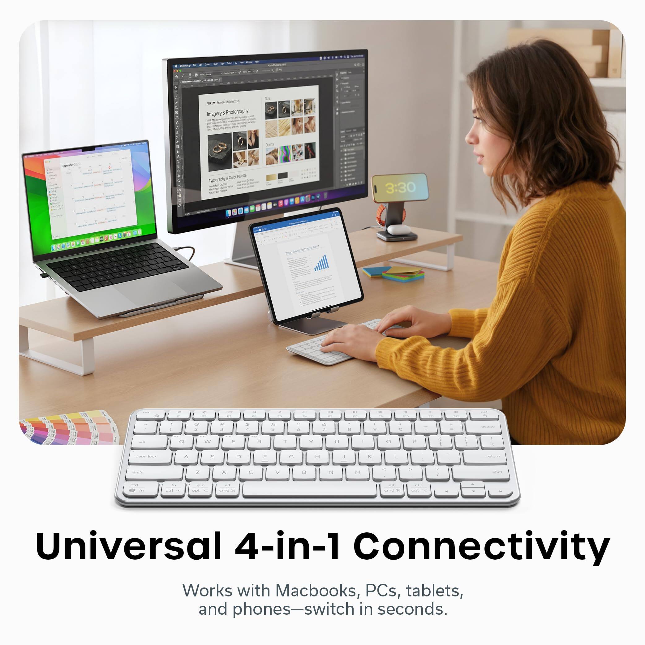 Universal 4-in-1 Connectivity  
Works with Macbooks, PCs, tablets, and phones—switch in seconds.