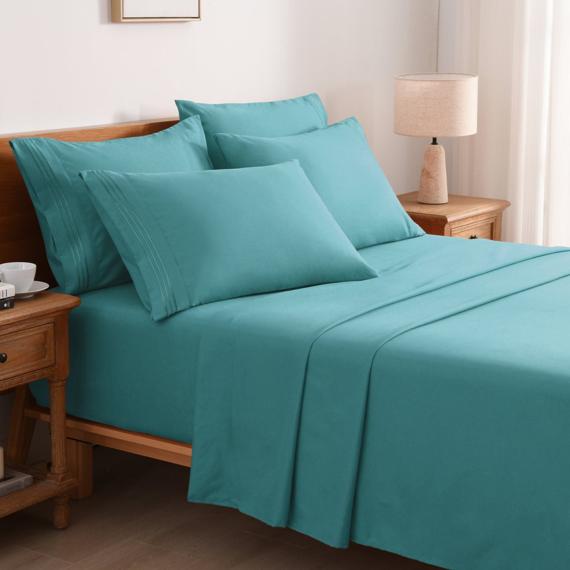 MarCielo - 4/6 Pcs Soft Solid & Embroidery Bed Sheets Set - Dark Teal