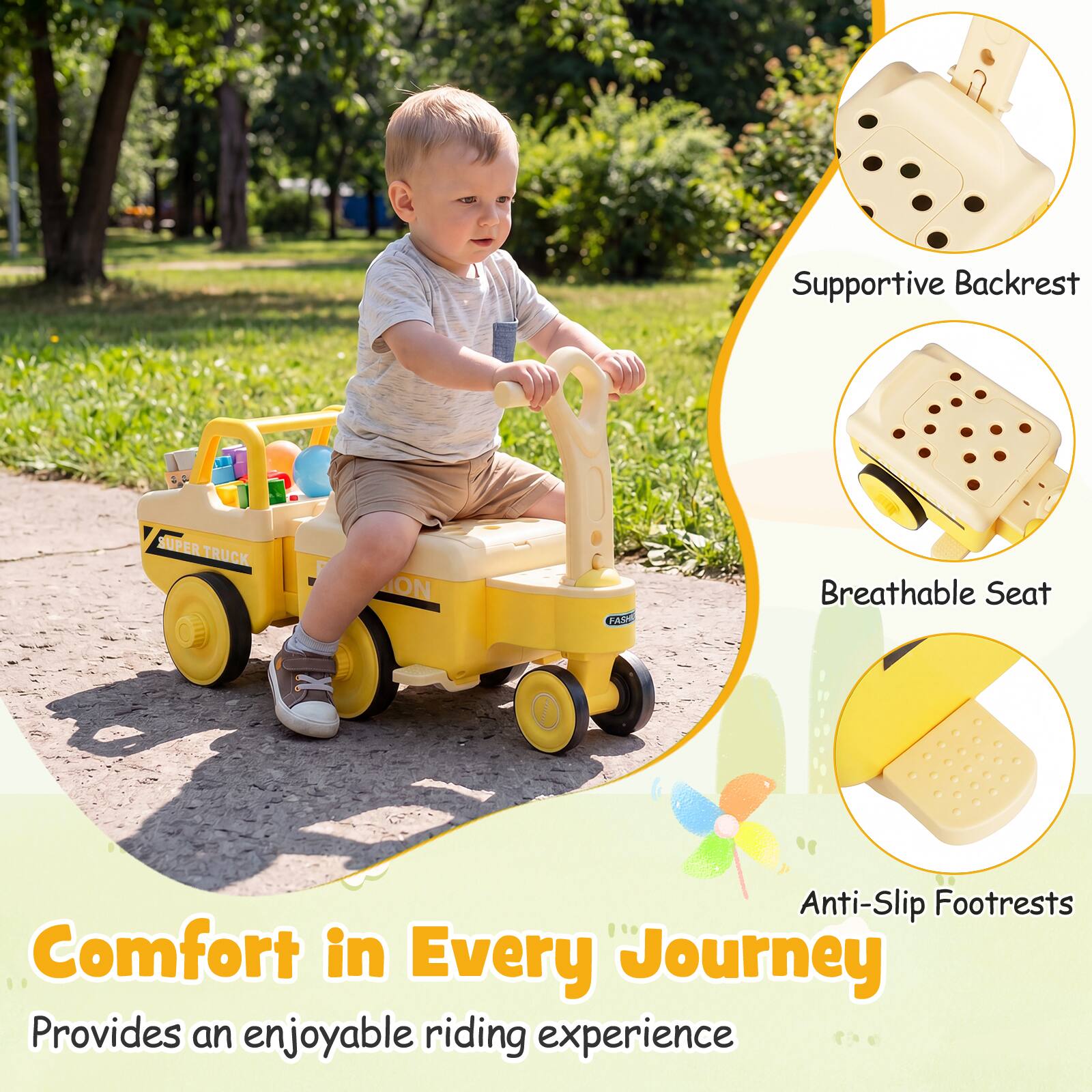 Supportive Backrest  
Breathable Seat  
Anti-Slip Footrests  
Comfort in Every Journey  
Provides an enjoyable riding experience