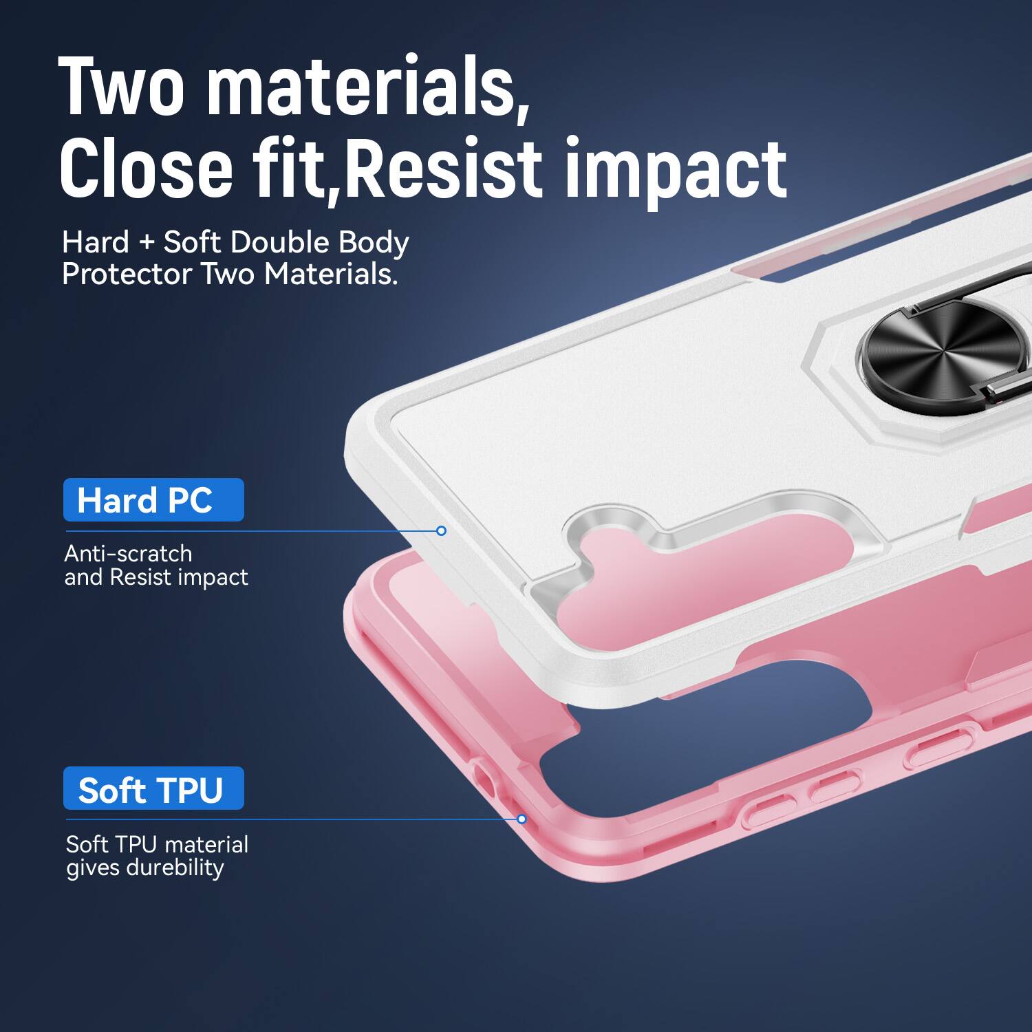 Two materials, Close fit, Resist impact  
Hard + Soft Double Body Protector Two Materials.  
Hard PC  
Anti-scratch and Resist impact  
Soft TPU  
Soft TPU material gives durability