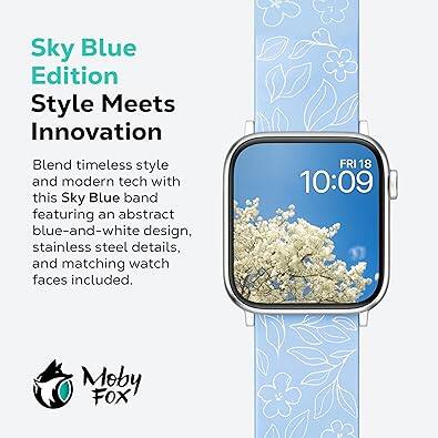 Sky Blue Edition  
Style Meets Innovation  

Blend timeless style and modern tech with this Sky Blue band featuring an abstract blue-and-white design, stainless steel details, and matching watch faces included.  

FRI 18 10:09  

Moby FOX