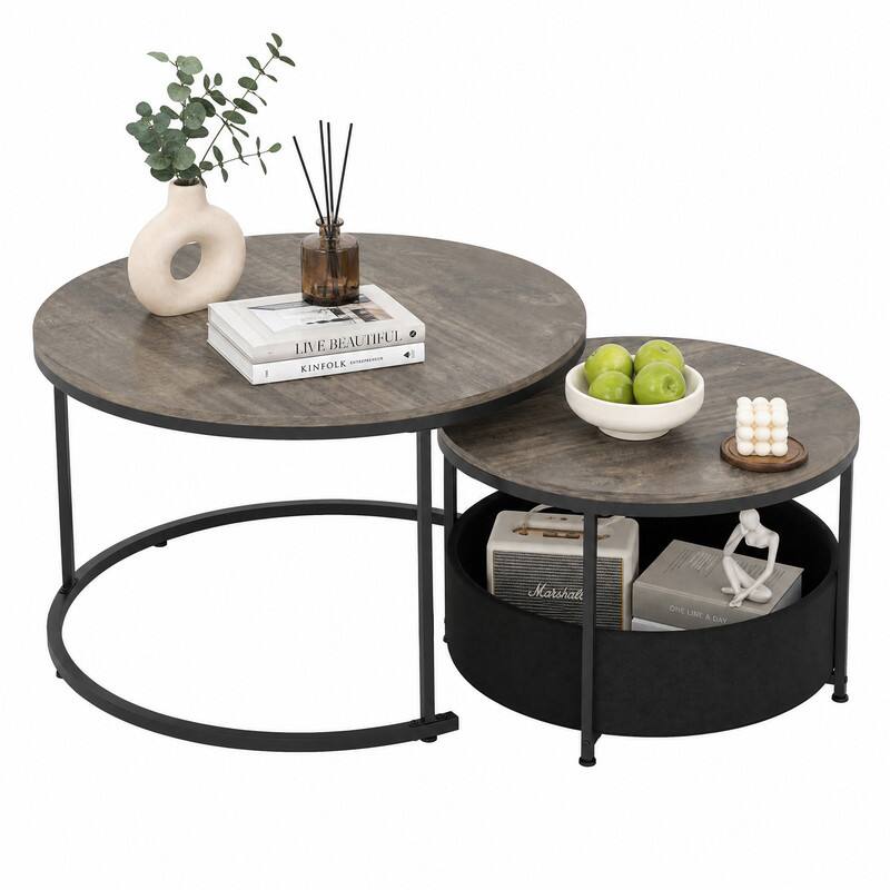 WELLFOR Round Coffee Table Set of 2 , Circle Cocktail Table with Fabric ...
