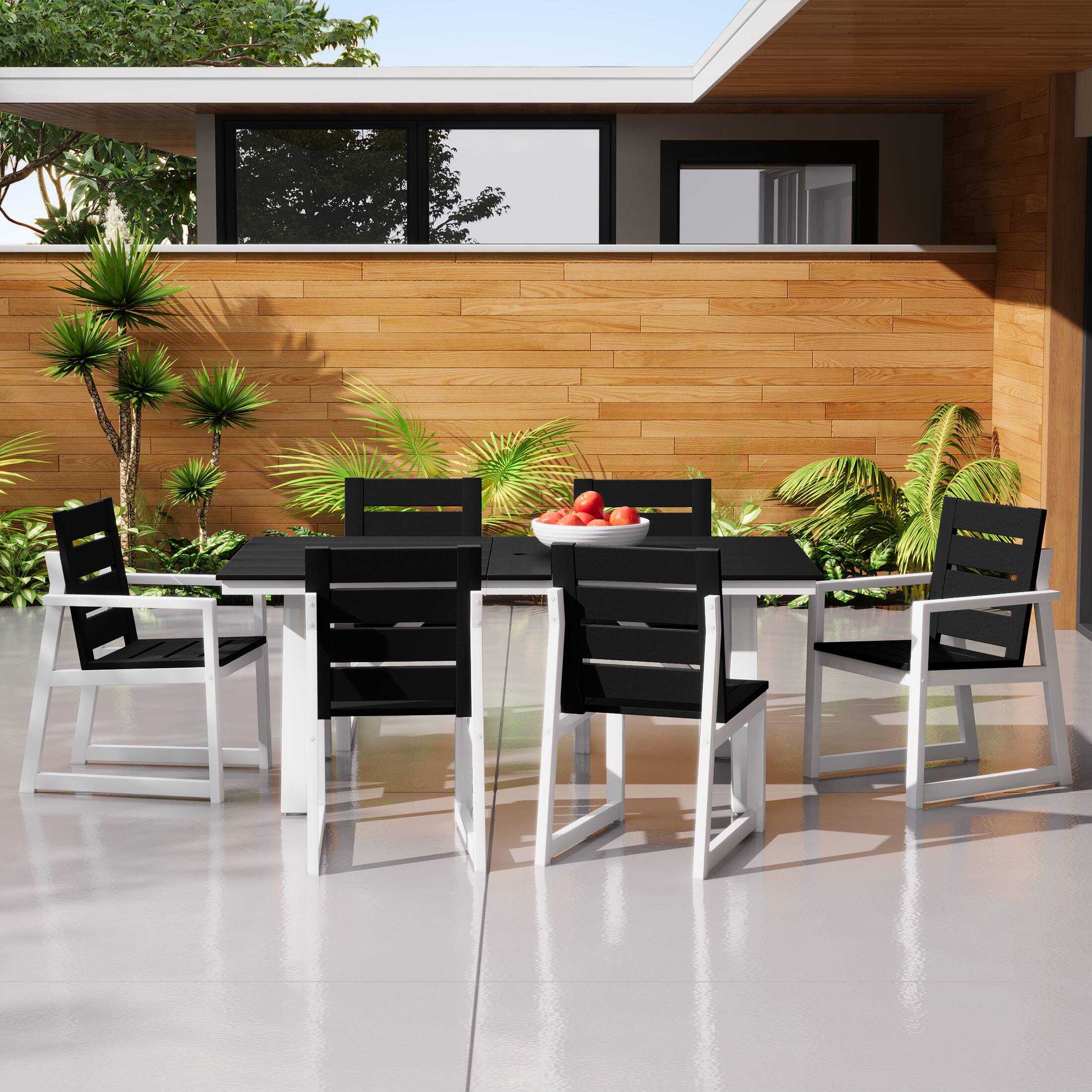 Angle. WestinTrends - WestinTrends Cape May 7-Piece HDPE Outdoor Furniture Patio Dining Table With Umbrella Hole and Chairs Set For 6 - Black.
