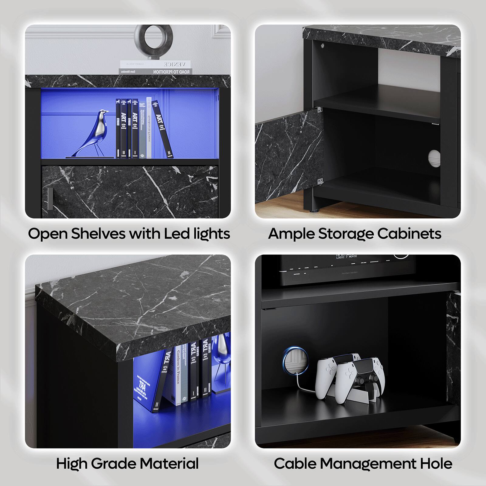 - Open Shelves with Led lights
- Ample Storage Cabinets
- High Grade Material
- Cable Management Hole